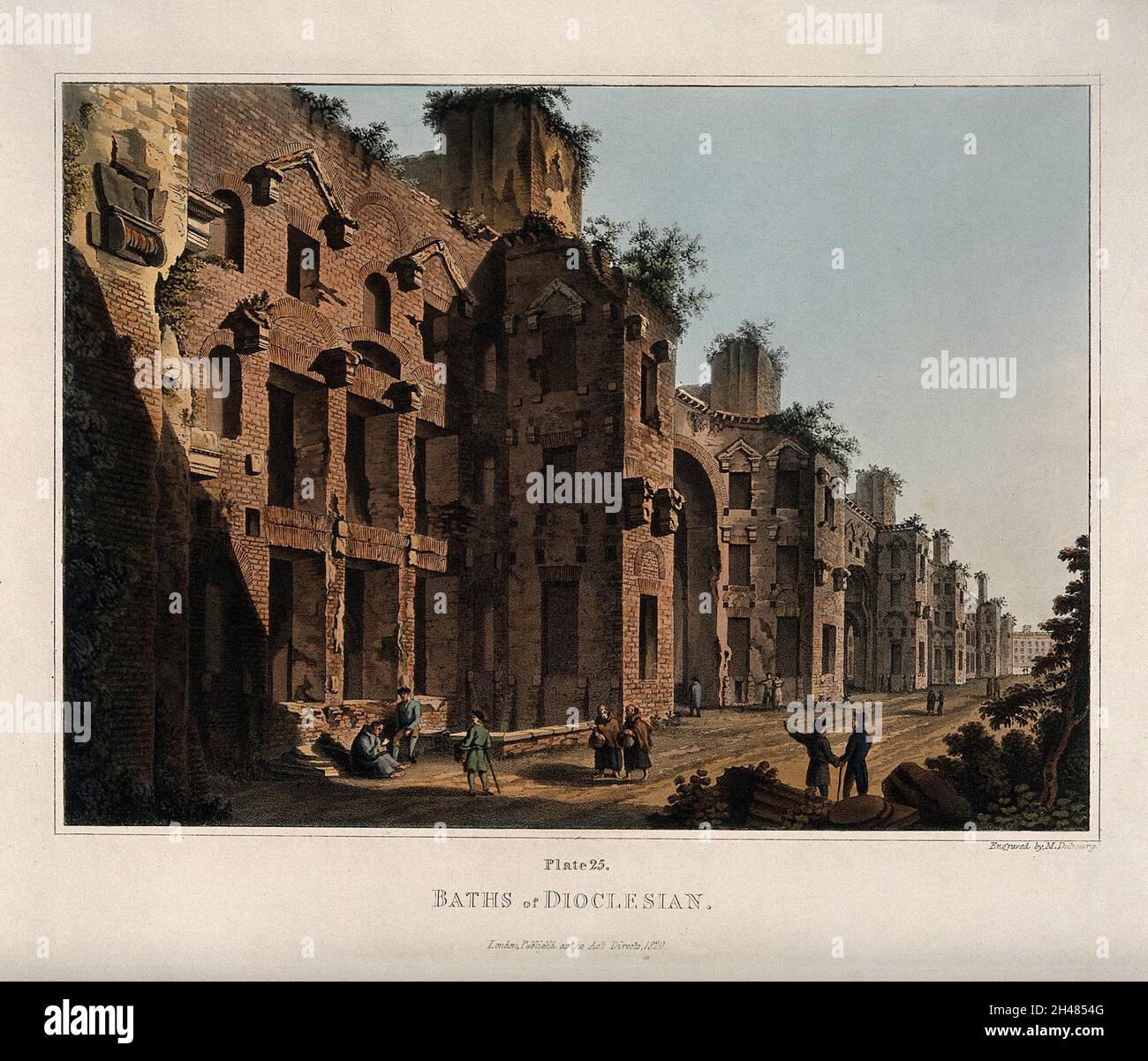 Terme di Diocleziano, Roma: Persone che ammirano le rovine. Acquatinta colorata di M. Dubourg, 1820. Foto Stock