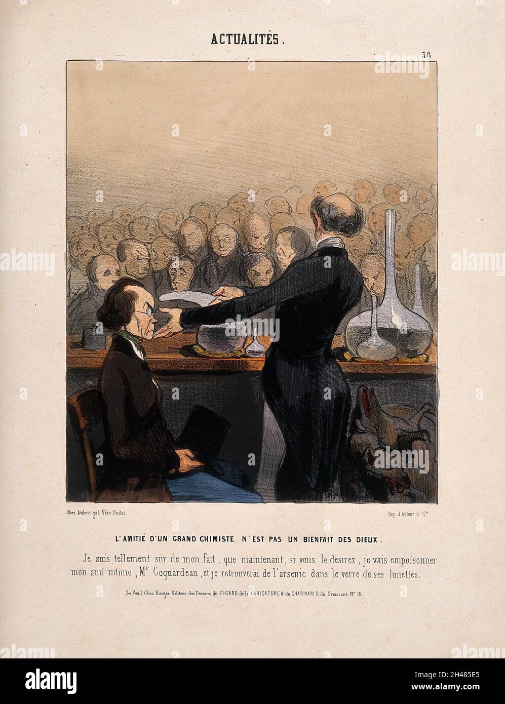 Un chimico dà una dimostrazione che coinvolgono arsenico a un pubblico. Litografia colorata da H. Daumier, 1841. Foto Stock