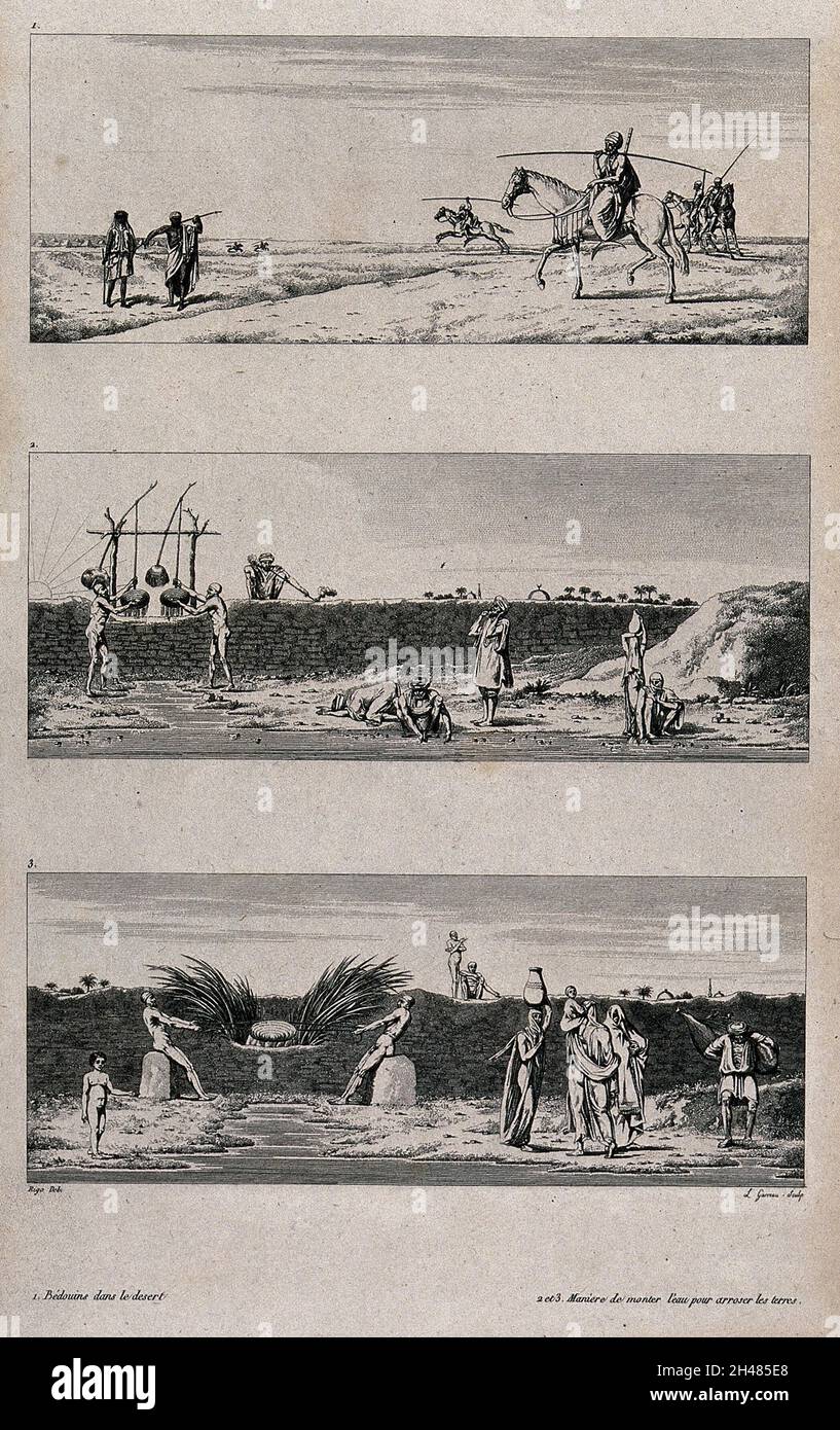 Egitto: Beduini che esercitano a cavallo; donne che raccolgono l'acqua dal pozzo che trasportano in flagoni sulle loro teste; uomini che raccolgono l'acqua da un pozzo. Incisione di L. Garreau, 1802, dopo M. Rigo. Foto Stock