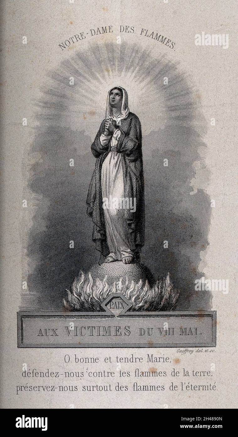 Santa Maria (la Beata Vergine) come protettrice contro i fuochi. Incisione di Geoffroy. Foto Stock