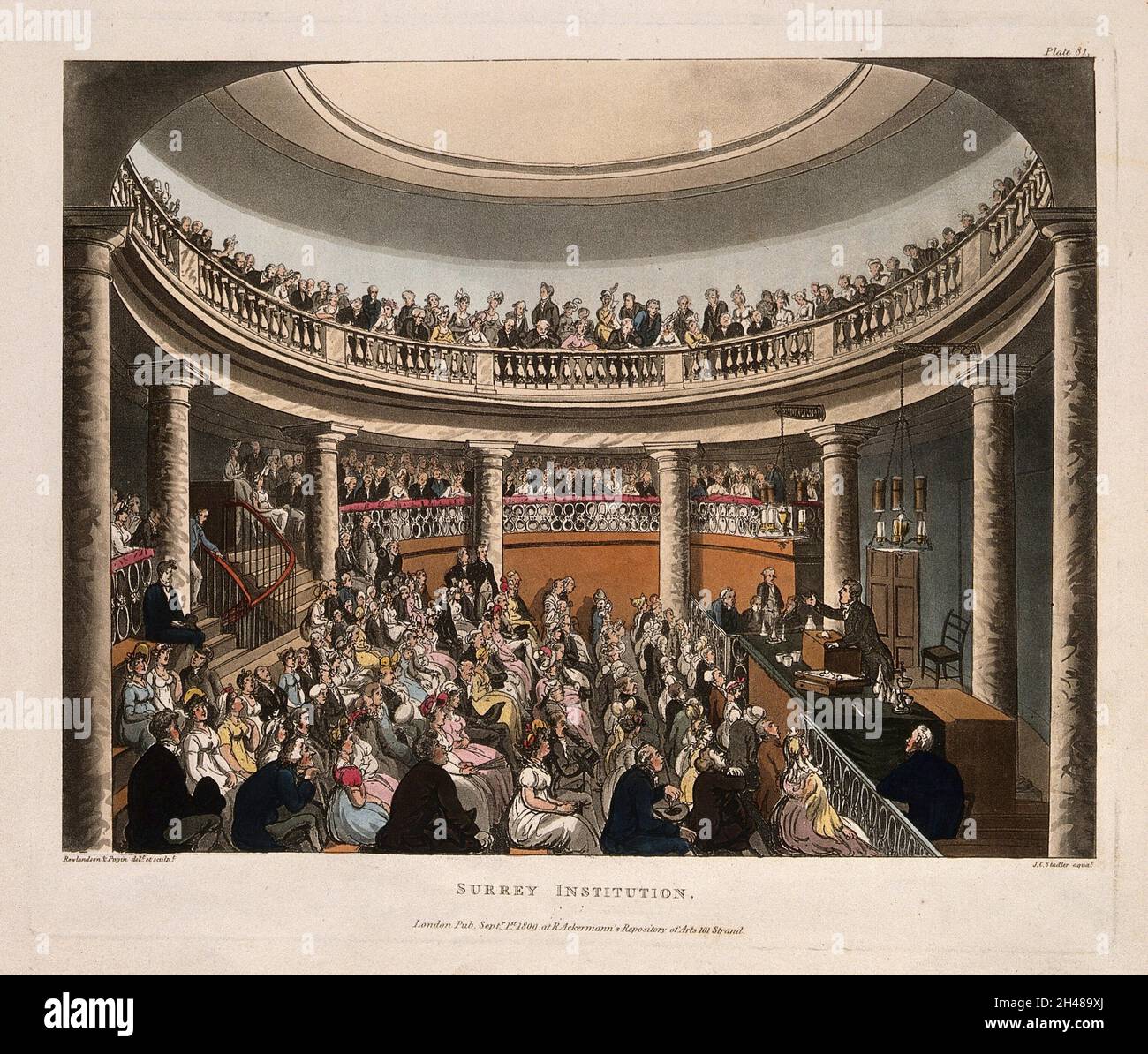 Surrey Institution, Blackfriars Road, Southwark, Londra: L'interno della rotonda, F. Accum lezioni. Acquatint colorato da J. C. Stadler, 1809, dopo T. Rowlandson e A. C. Pugin. Foto Stock