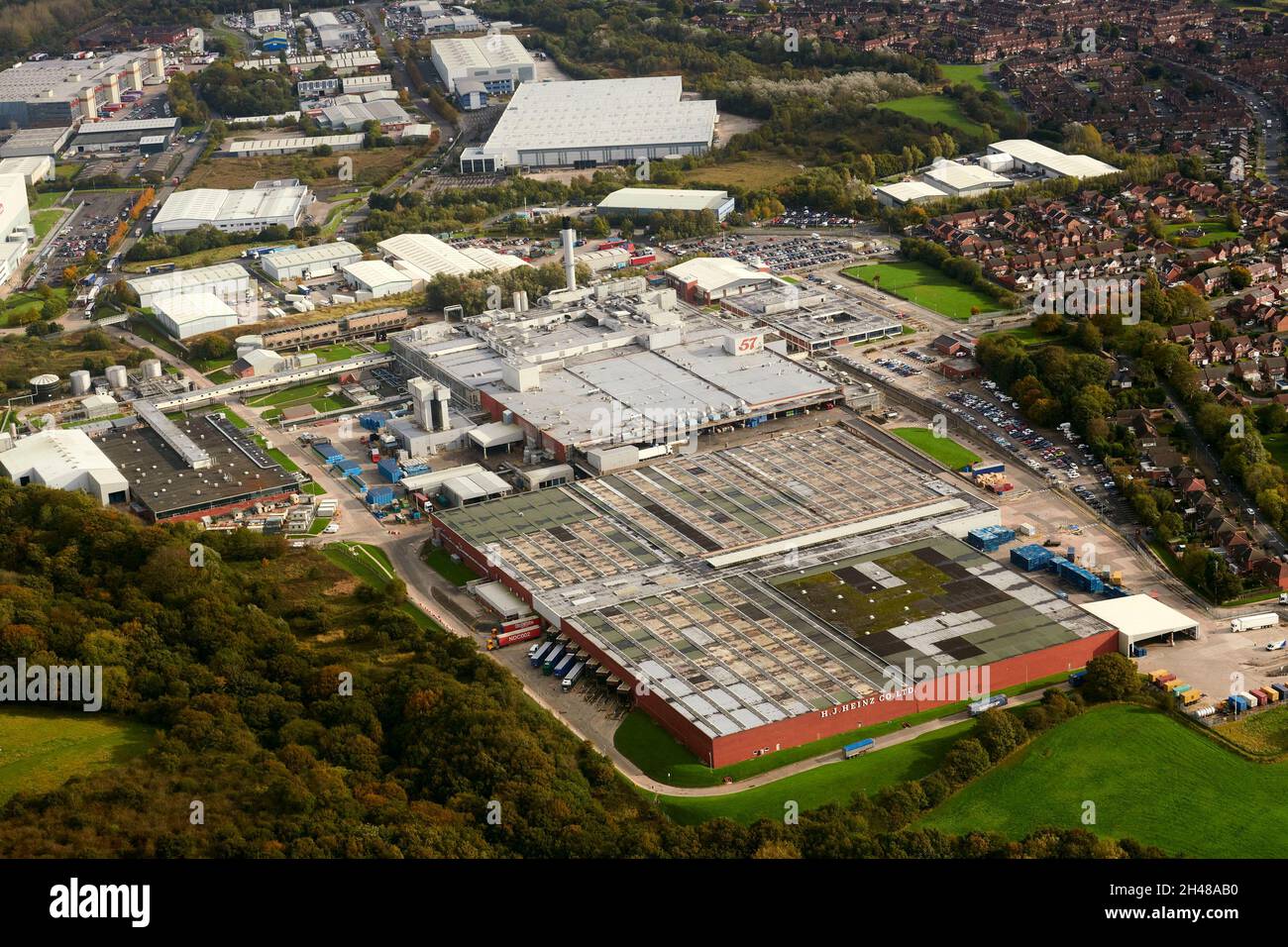 Una fotografia aerea della fabbrica Heinz a Wigan, Inghilterra nord-occidentale, Regno Unito Foto Stock