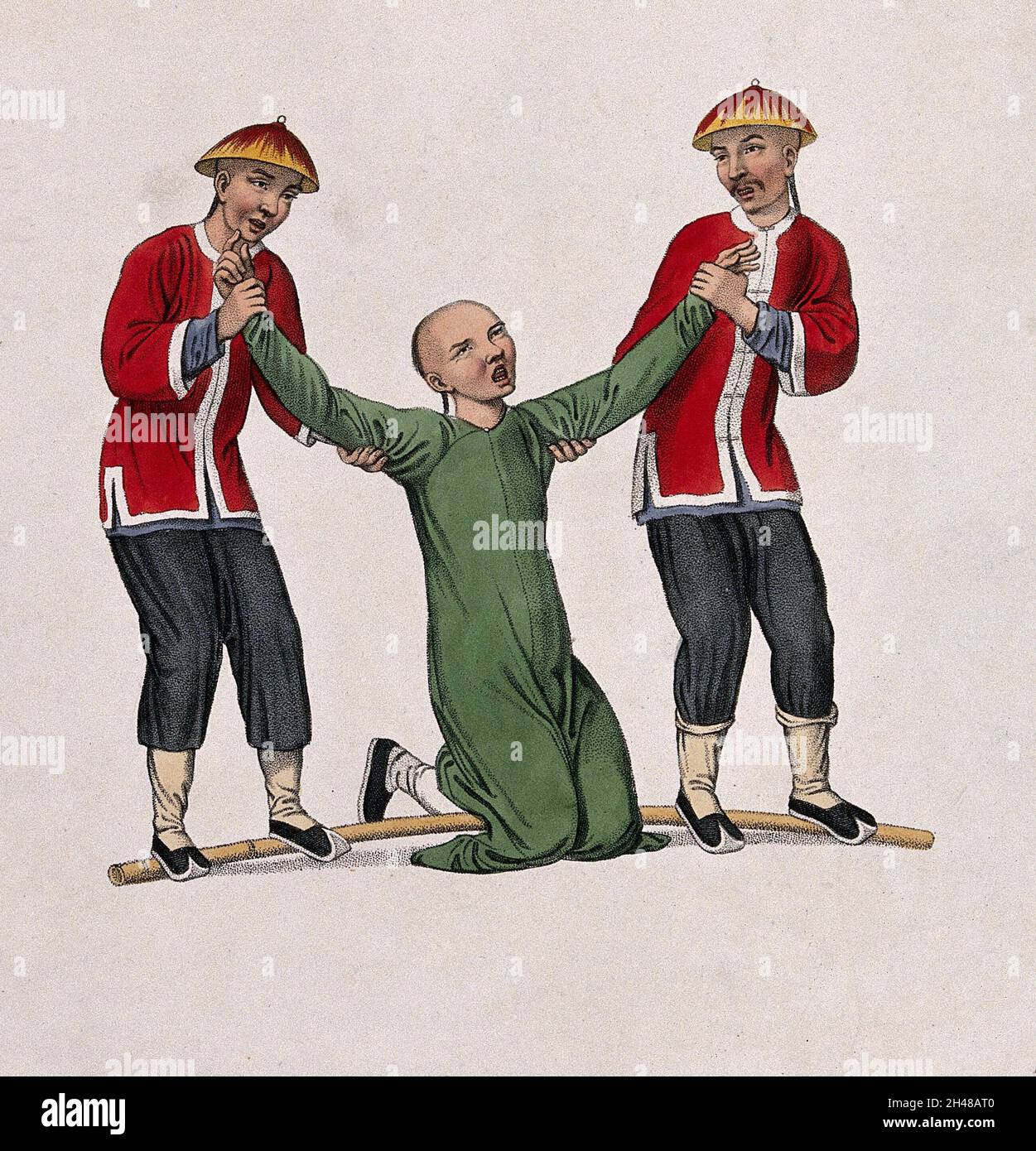 Un uomo cinese inginocchiato con un bastone dietro le ginocchia è tenuto da due uomini in piedi sul bastone. Stampa a colori di J. Dadley, 1801. Foto Stock