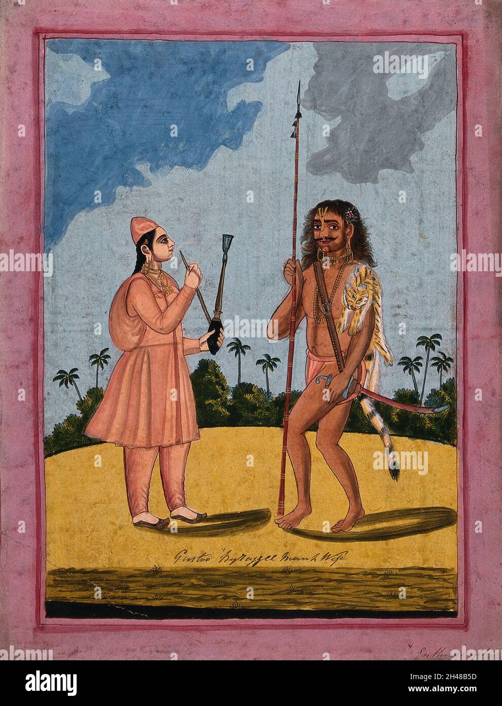 Due asceti indù: A sinistra, una donna che indossa accappatoi di zafferano,  cappello senza briglia e ciabatte e fuma una zoccola; a destra, un uomo a  piedi nudi che indossa un panno