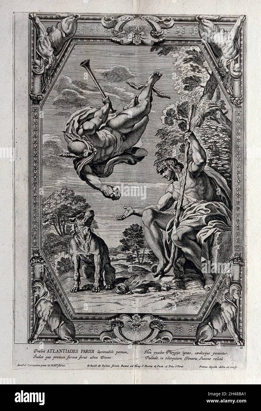Mercury (Hermes) che offre una mela d'oro a Parigi. Incisione di P. Aquila dopo Annibale Carracci. Foto Stock