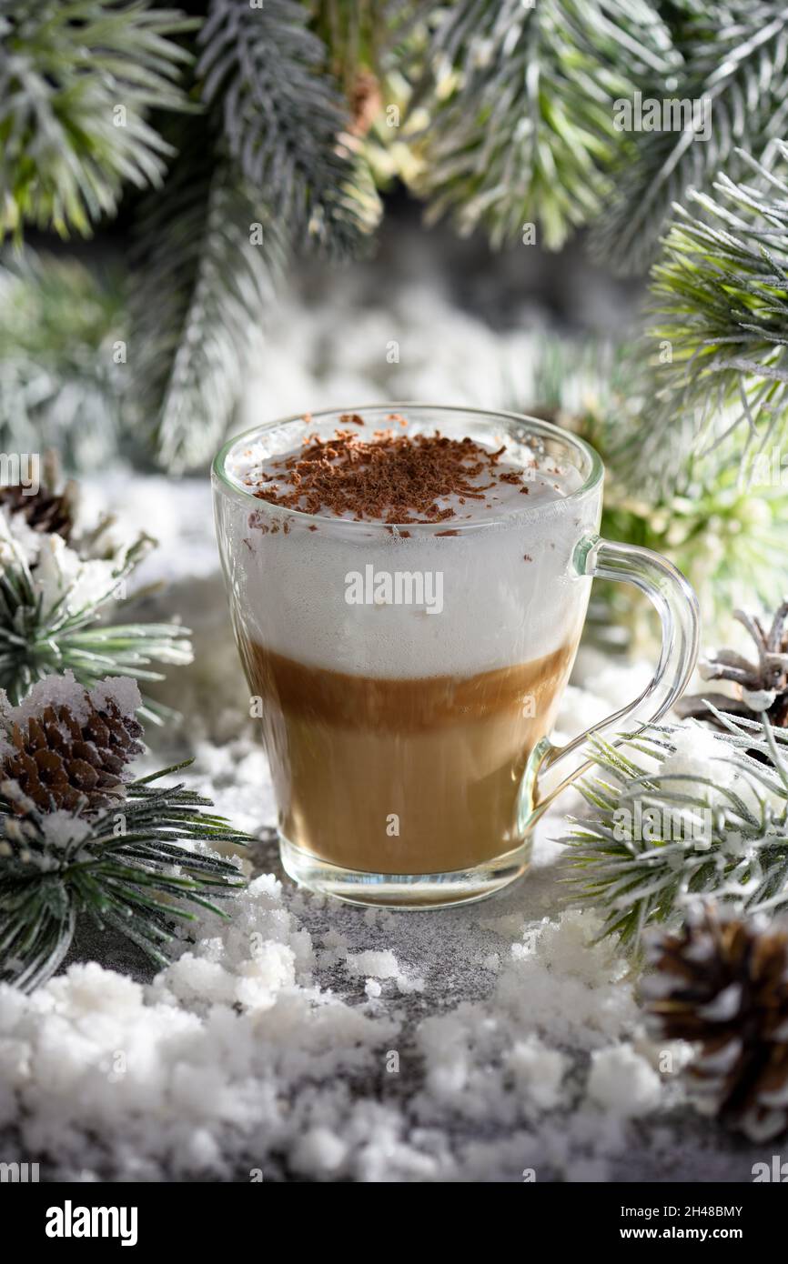 Latte macchiato di Natale. Una grande bevanda calda al caffè con scaglie di  cioccolato, tra i rami di pino innevato e la neve Foto stock - Alamy