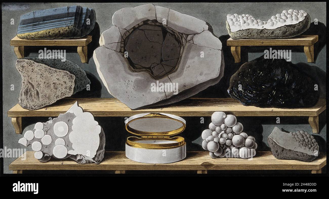 Esemplari di pietra e materia vulcanica trovati sul Vesuvio, tra cui la lava racchiusa in marmo. Incisione colorata di Pietro Fabris, 1776. Foto Stock