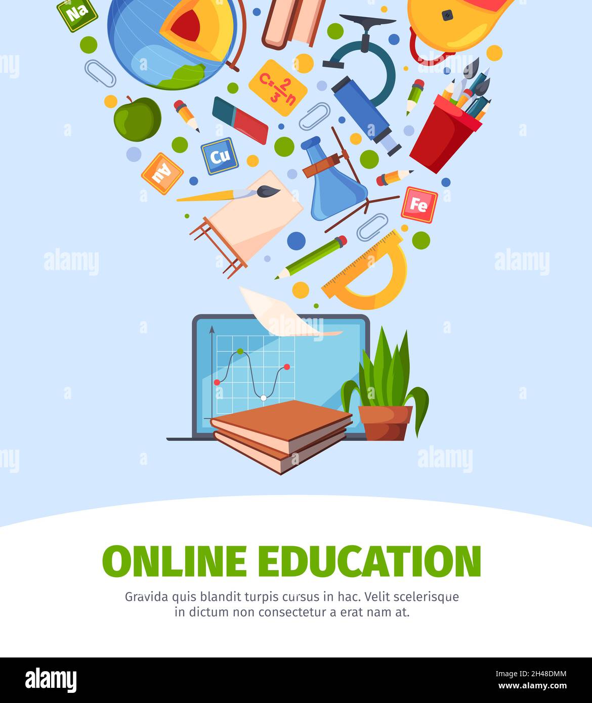 Poster di formazione. Cartello promozionale di ritorno a scuola con simboli didattici zaino dispositivi digitali notebook carte matite per studenti Illustrazione Vettoriale