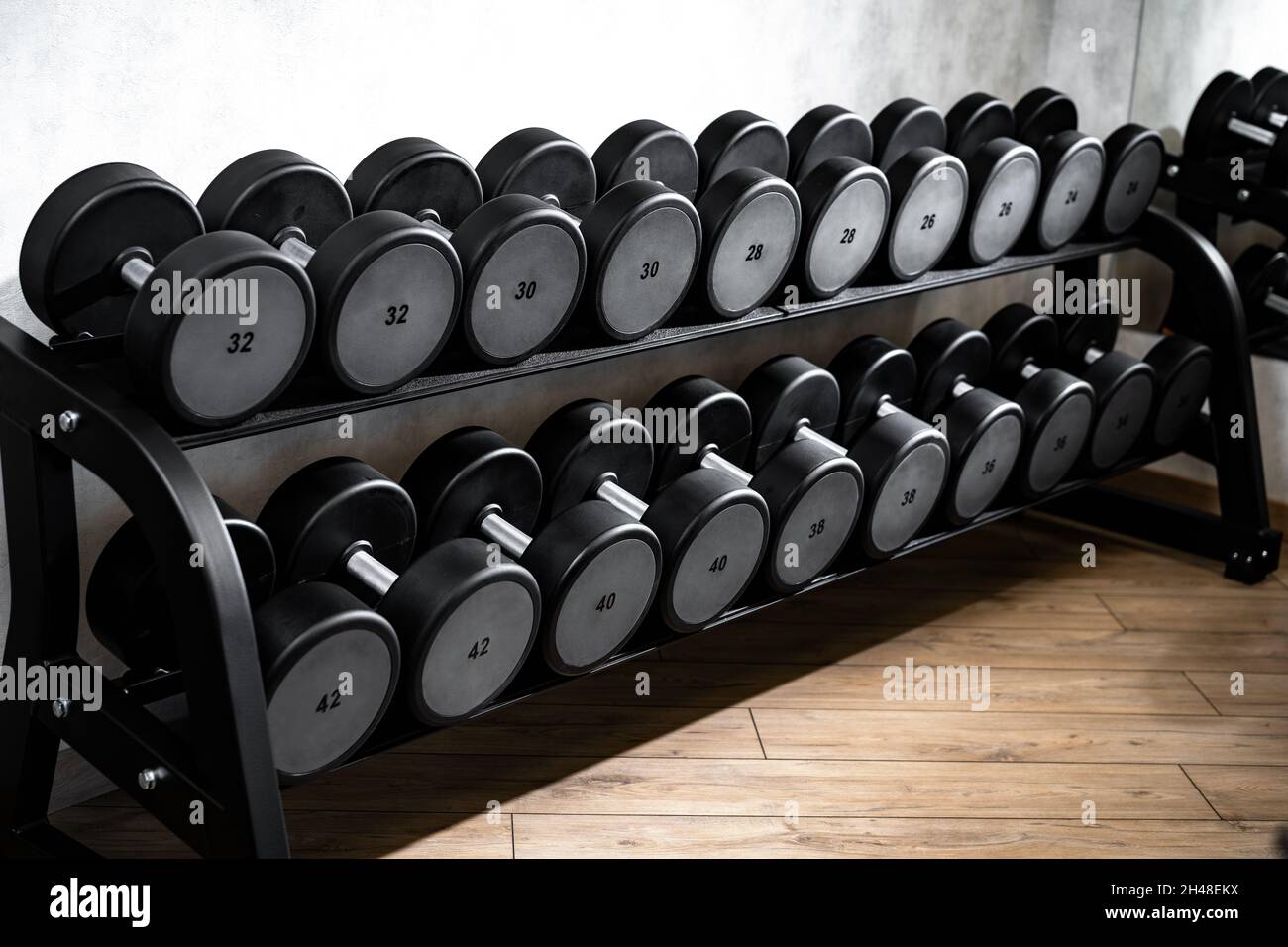 File di manubri in metallo su rack per bodybuilding in palestra Foto Stock