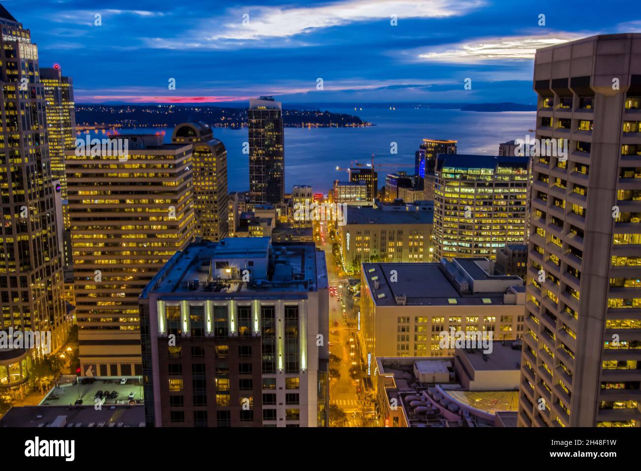 Seattle, Washington skyline all'alba Foto Stock