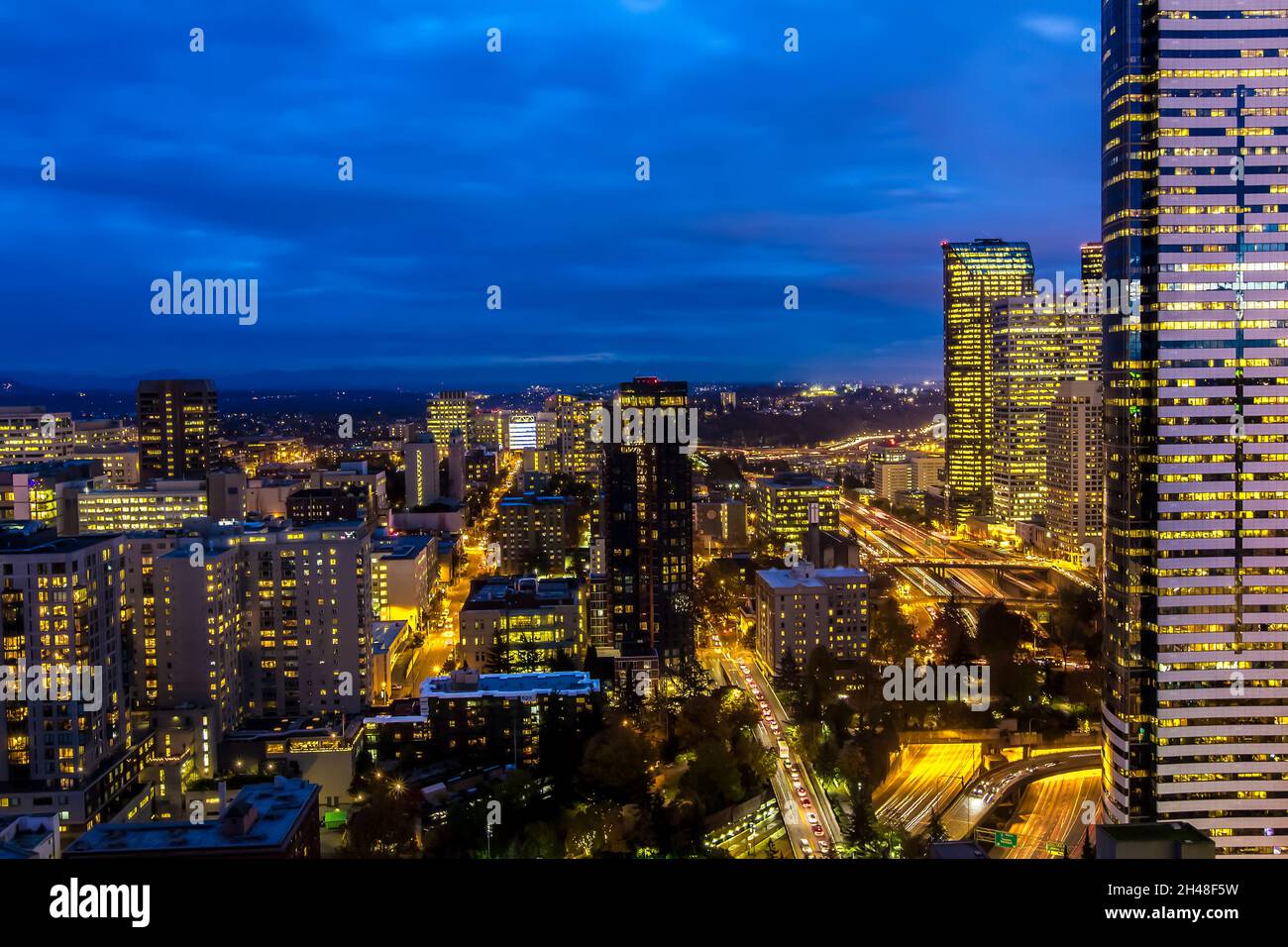 Seattle, Washington skyline all'alba Foto Stock