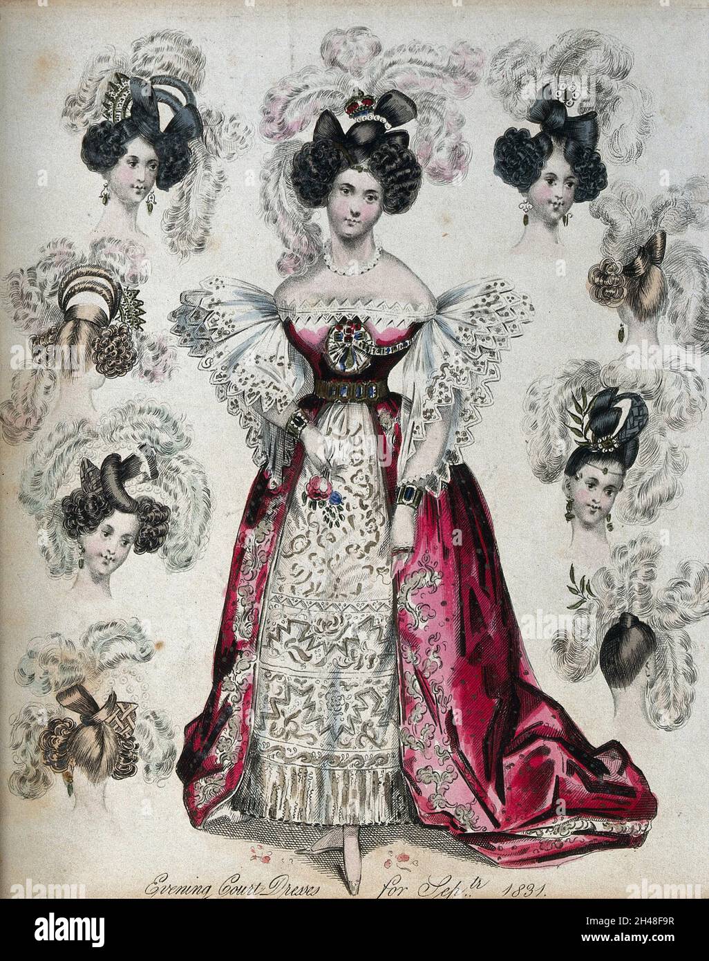 Una donna che indossa un 'abito da sera' circondato da otto teste di donne che indossano abiti alla moda con piume. Acquaforte colorata. Foto Stock