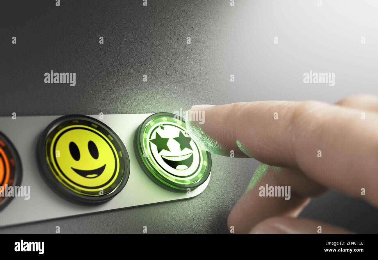 Uomo che preme un pulsante di feedback molto positivo. Concetto di un'esperienza clienti straordinaria (CX). Immagine composita tra una fotografia a mano e un retro 3D Foto Stock