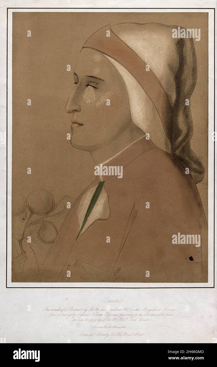 Dante Alighieri. Litografia a colori, 1859, dopo S. Kirkup dopo un affresco attribuito a Giotto. Foto Stock
