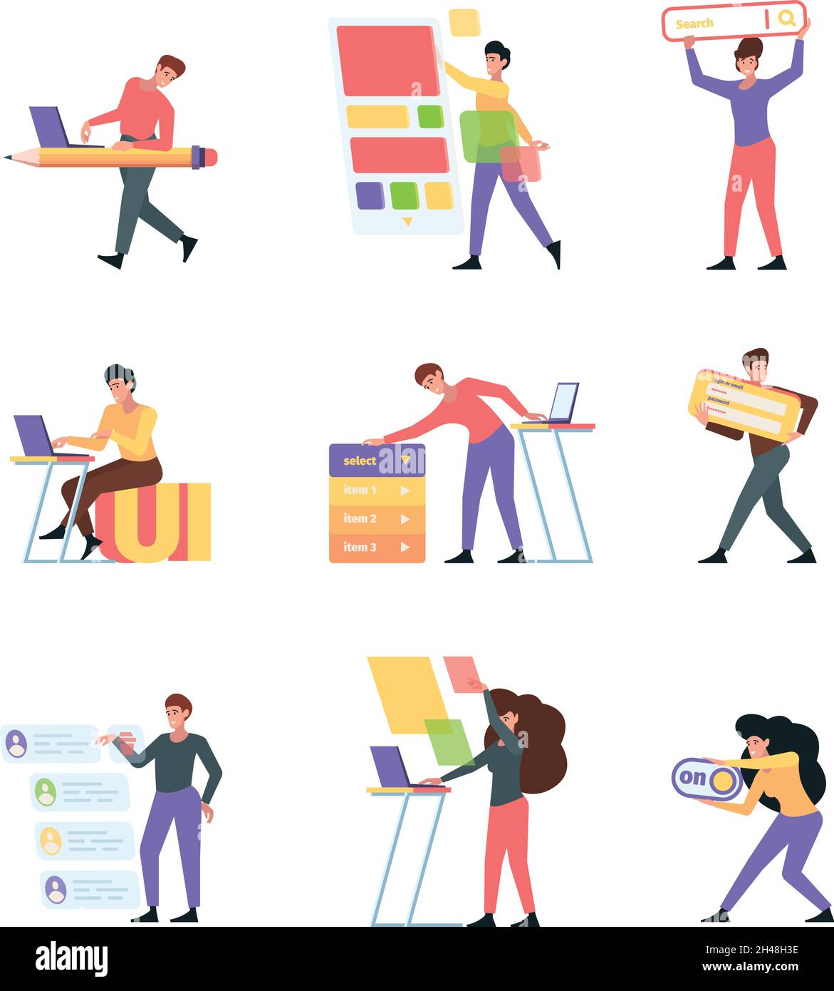 Interfacce di progettazione. Programmatori e costruttori di Web che fanno ui che reggono frame di interfaccia utente lavoratori creativi artisti professionisti garish vettoriale flat Illustrazione Vettoriale