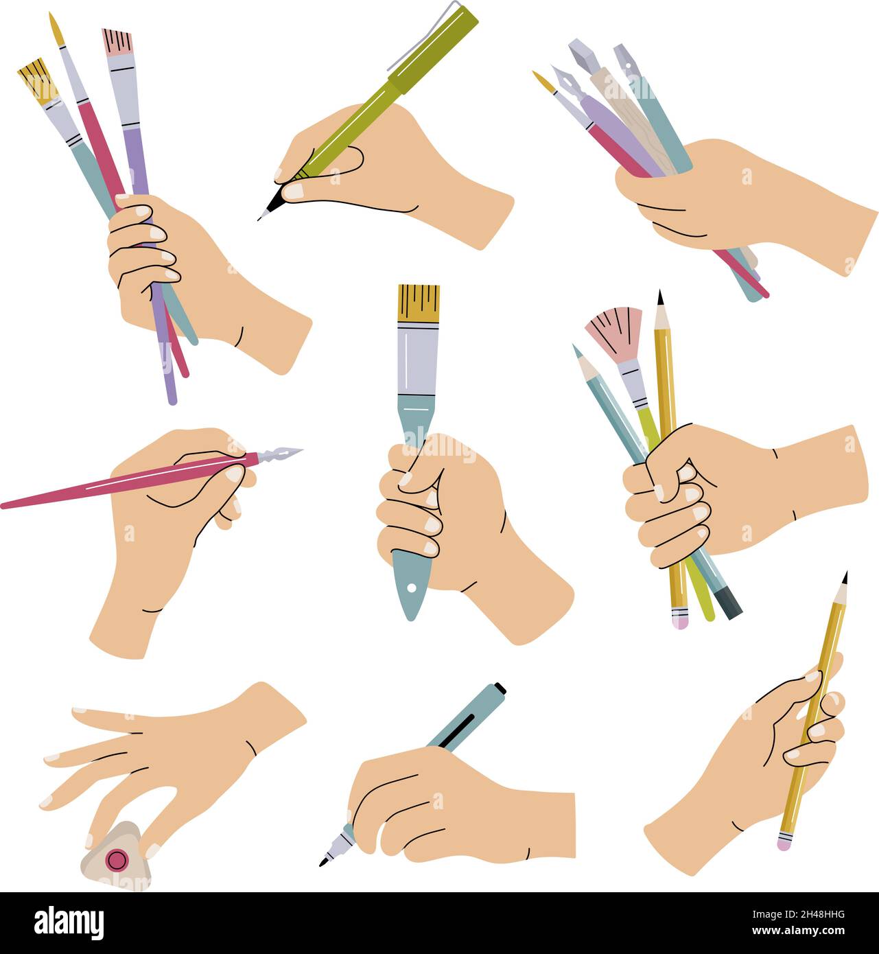 Fermo nelle mani. Persone che tengono pennelli matite lettere elementi calligrafici per artisti recenti vettoriali modelli piatti set isolato Illustrazione Vettoriale