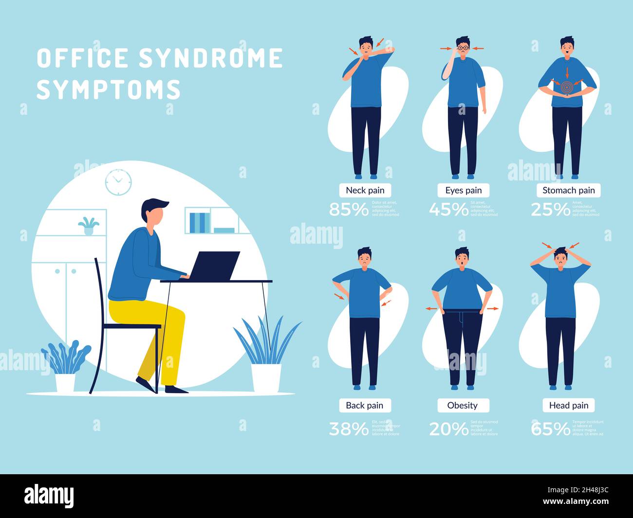 Infografica sulla sindrome di Office. Lavoratori manager con malsano schiena e collo ufficio persone problemi a mescolare occhi recenti illustrazioni vettoriali Illustrazione Vettoriale
