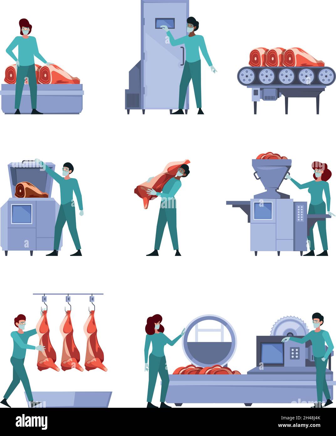 Produzione di maiale. Processi di produzione della salsiccia di maiale cottura della carne industriale che fa garish vettore flat illustrations set Illustrazione Vettoriale