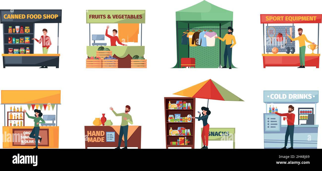 Venditori di strada. Outdoor mercato urbano venditori per prodotti veloci shopping cash store Garish vettore venditori illustrazioni piatte Illustrazione Vettoriale