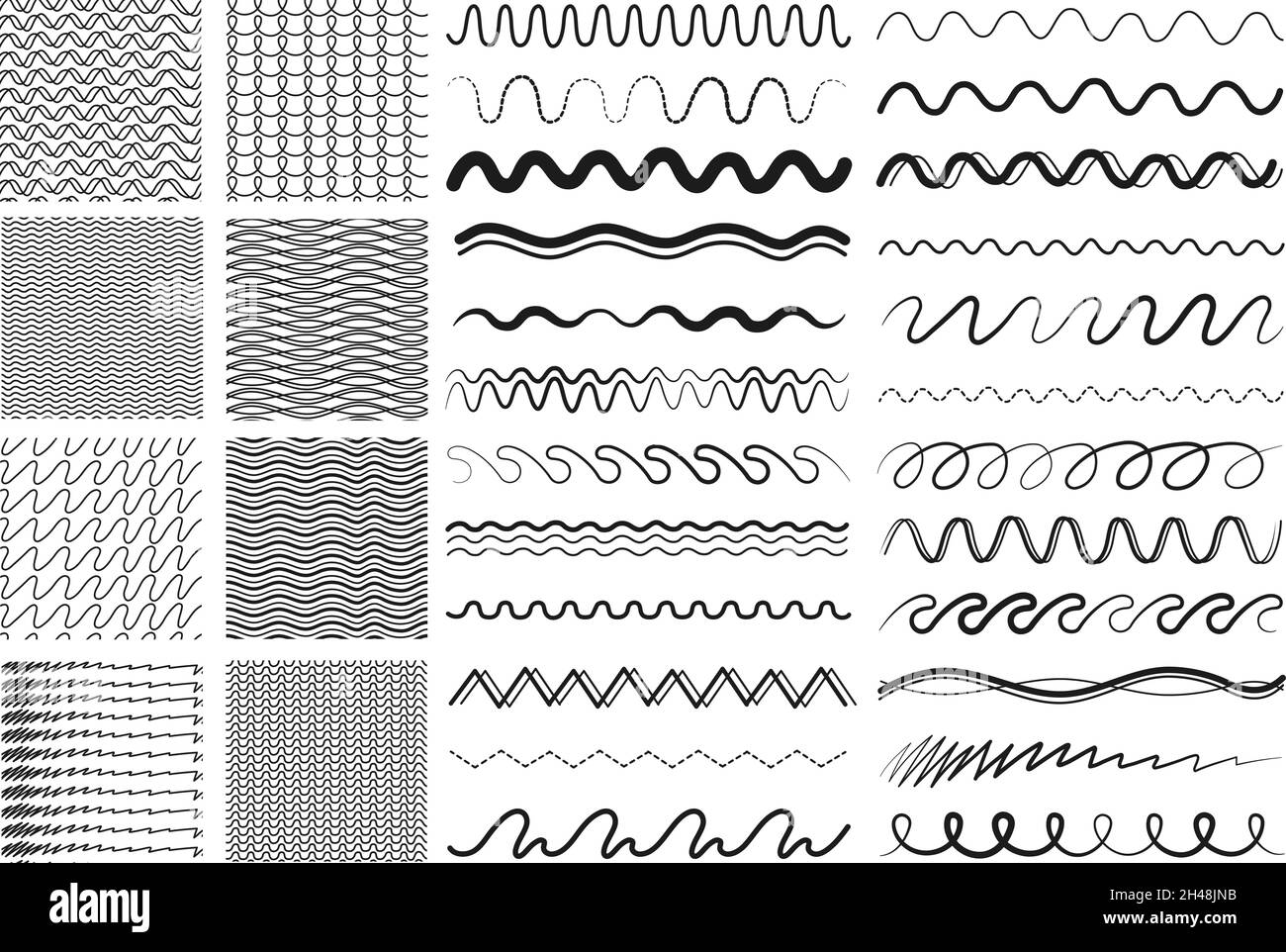 Linee delle forme d'onda. Linea di disegno, divisori o ornamenti decorativi. Zigzag Seamless pattern collection, elementi per diario, carte invitano vettore set Illustrazione Vettoriale