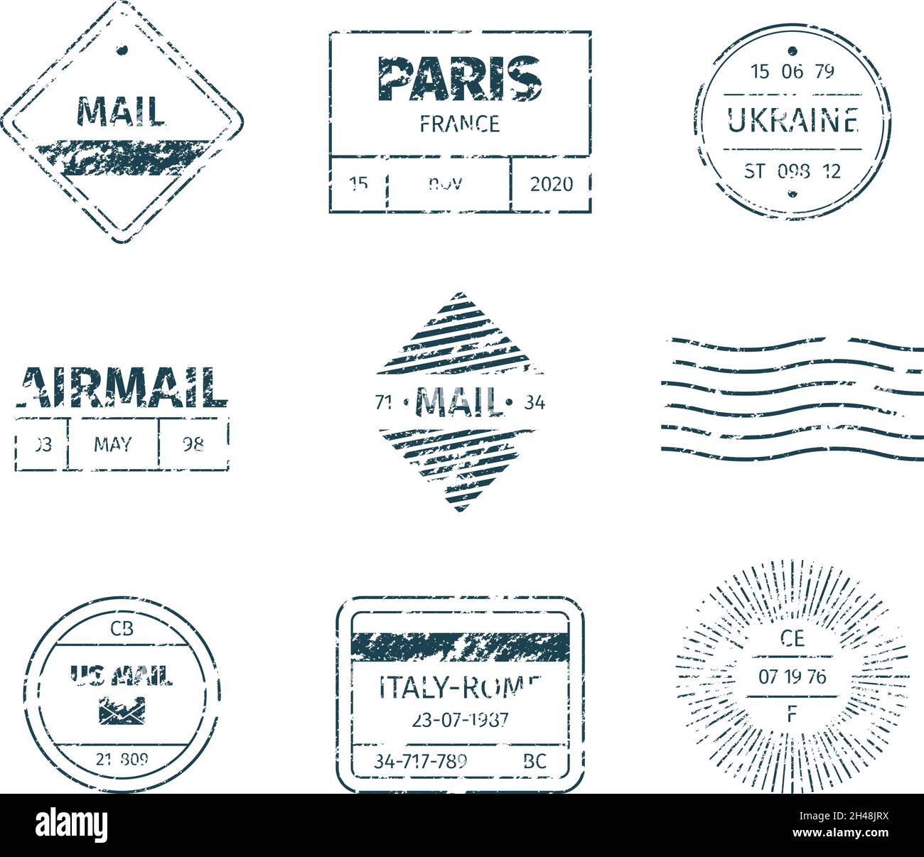 Timbro postale. Grunge post modelli vintage tags vuoto stripped linee segni texture garish vettore timbro Illustrazione Vettoriale