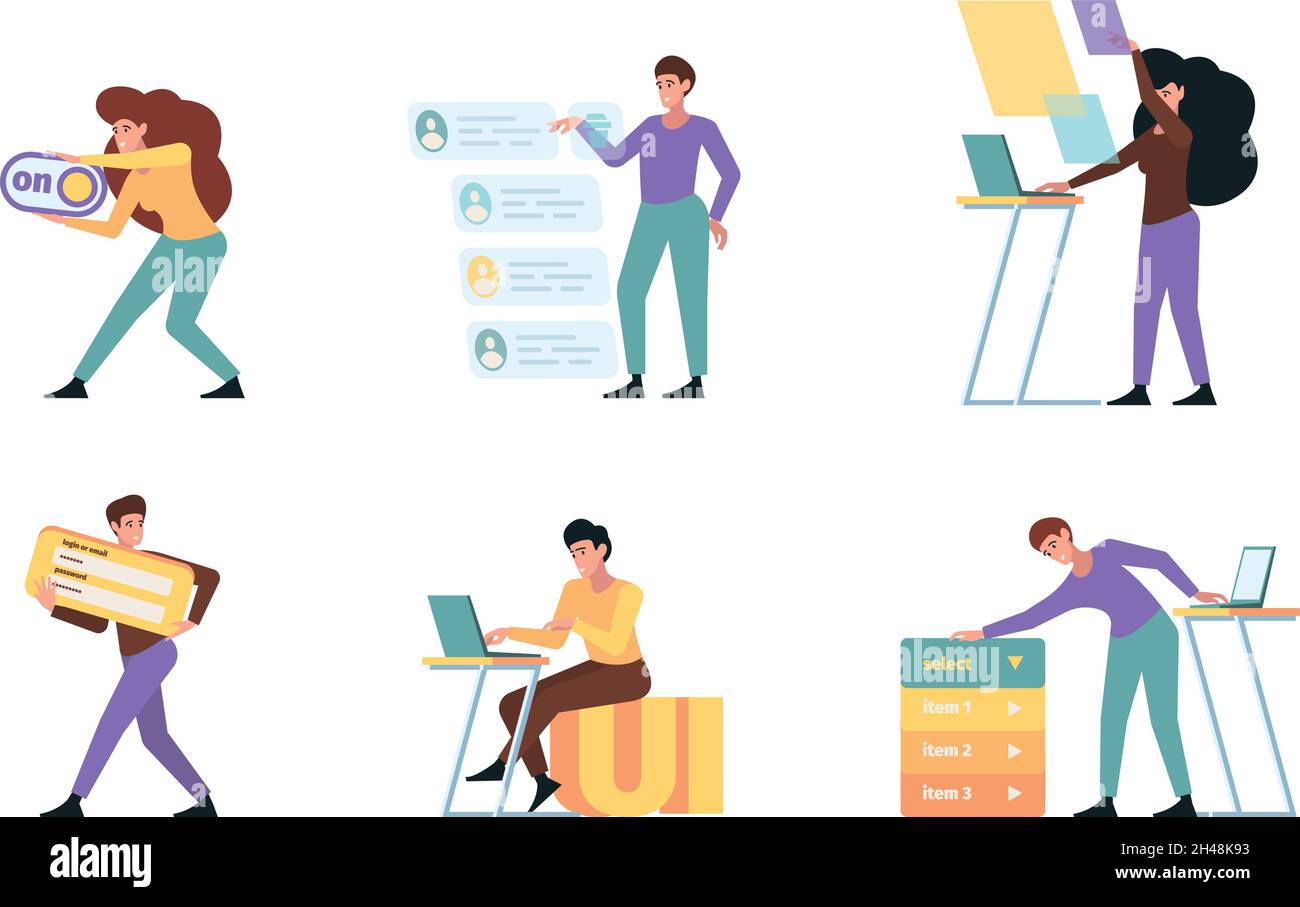 Creazione di interfacce. Web artisti e programmatori designer creare creativi ui pagine frame disegno app garish vettore creativo agenzia personaggi Illustrazione Vettoriale