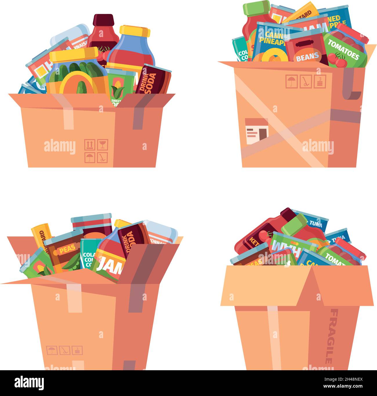 Cibo in scatola di cartone. Prodotti in scatola in contenitori alimentari confezioni magazzino scatole con vasetti conservati zuppa Garish vettore illustrazioni collezione Illustrazione Vettoriale