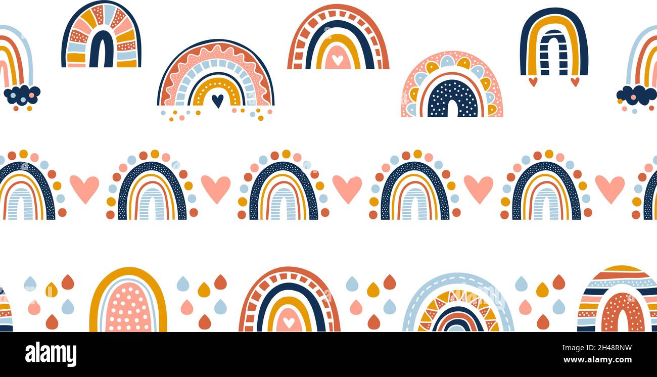 Confini senza giunture dell'arcobaleno scandinavo. Arcobaleni carini, pioggia colorata e cuori. Modello vettoriale infantile Illustrazione Vettoriale