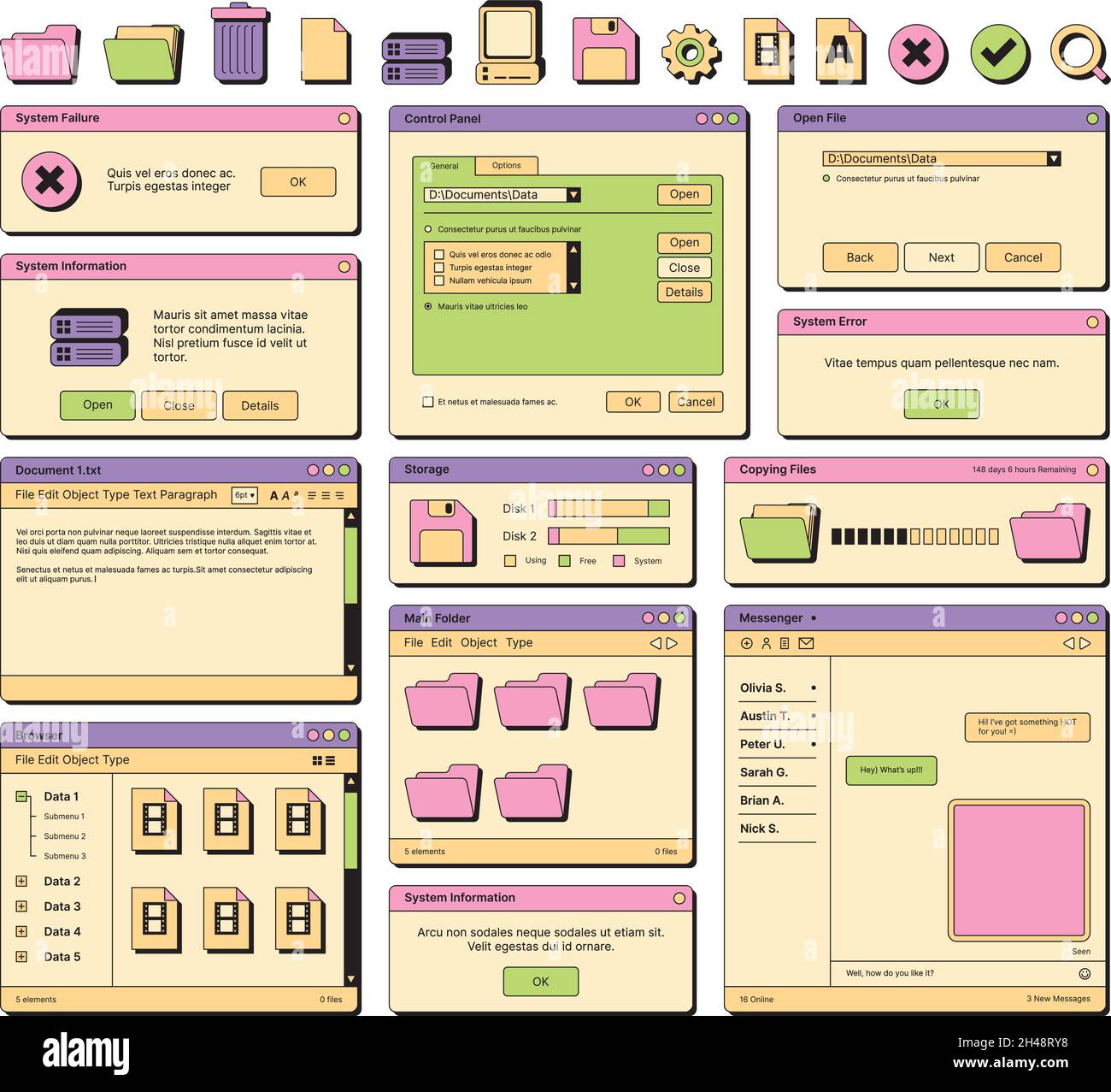 interfaccia utente Web. elementi della schermata di layout 90s pagine di frame banner icone divisori e pulsanti garish vettoriale ui template Illustrazione Vettoriale