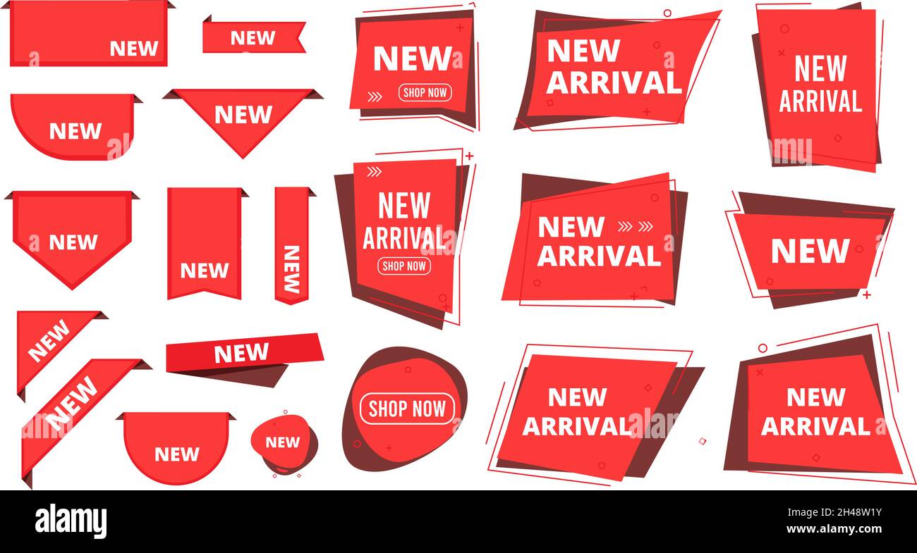 Nuovi angoli dei badge di arrivo. Etichette rosse per negozio, negozio o mercato di abbigliamento. Banner pubblicitari disegno vettoriale Illustrazione Vettoriale