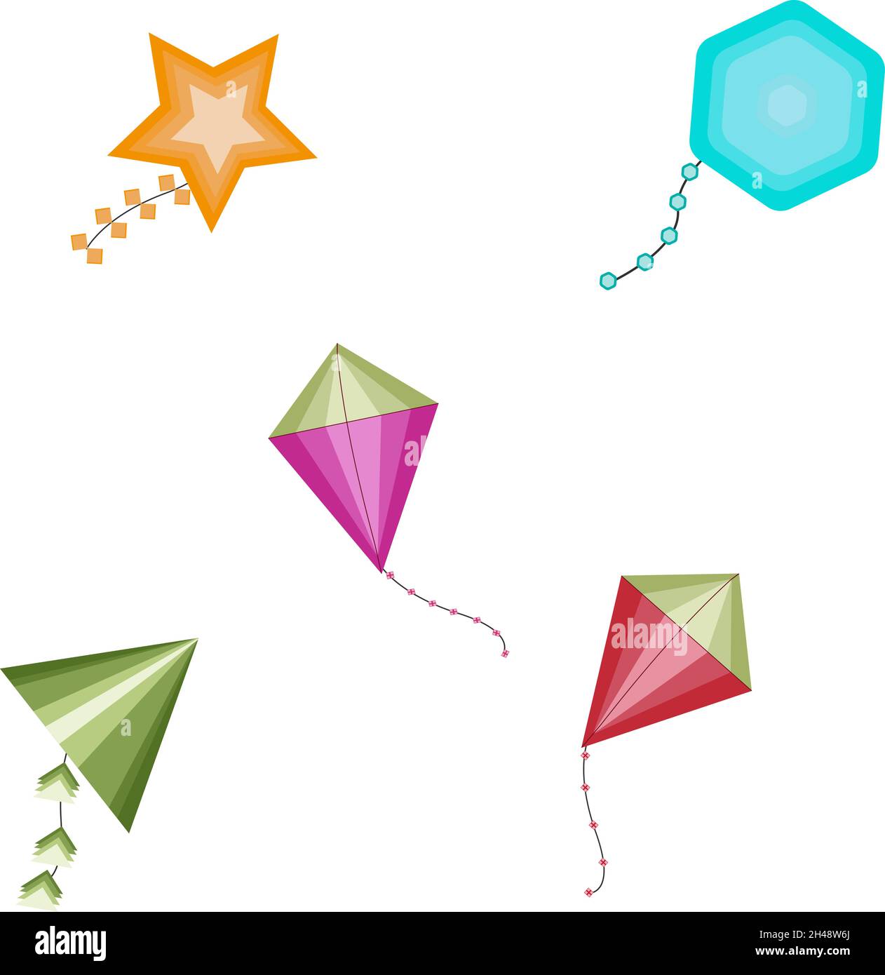 Aquiloni volanti nel cielo, illustrazione, vettore su sfondo bianco. Illustrazione Vettoriale