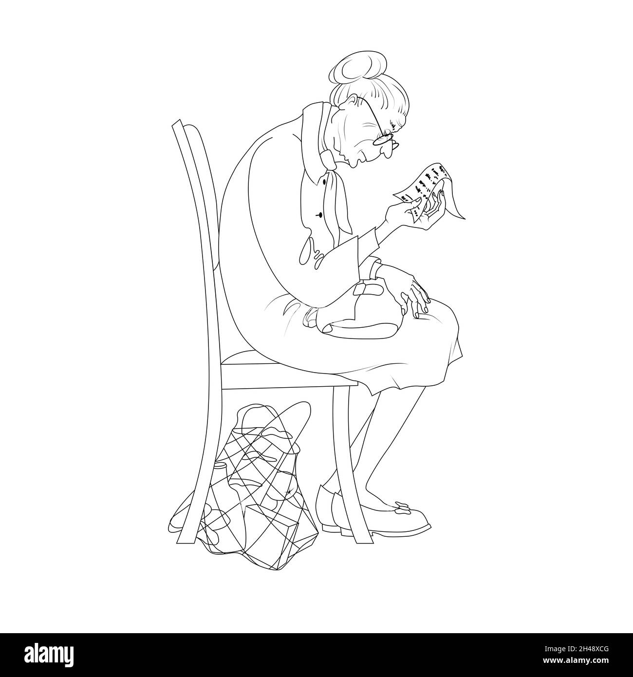 Una vecchia donna in pensione esamina un assegno, una fattura per l'acquisto di generi alimentari. Povertà vecchiaia concept.Vector illustrazione isolato su backgro bianco Foto Stock