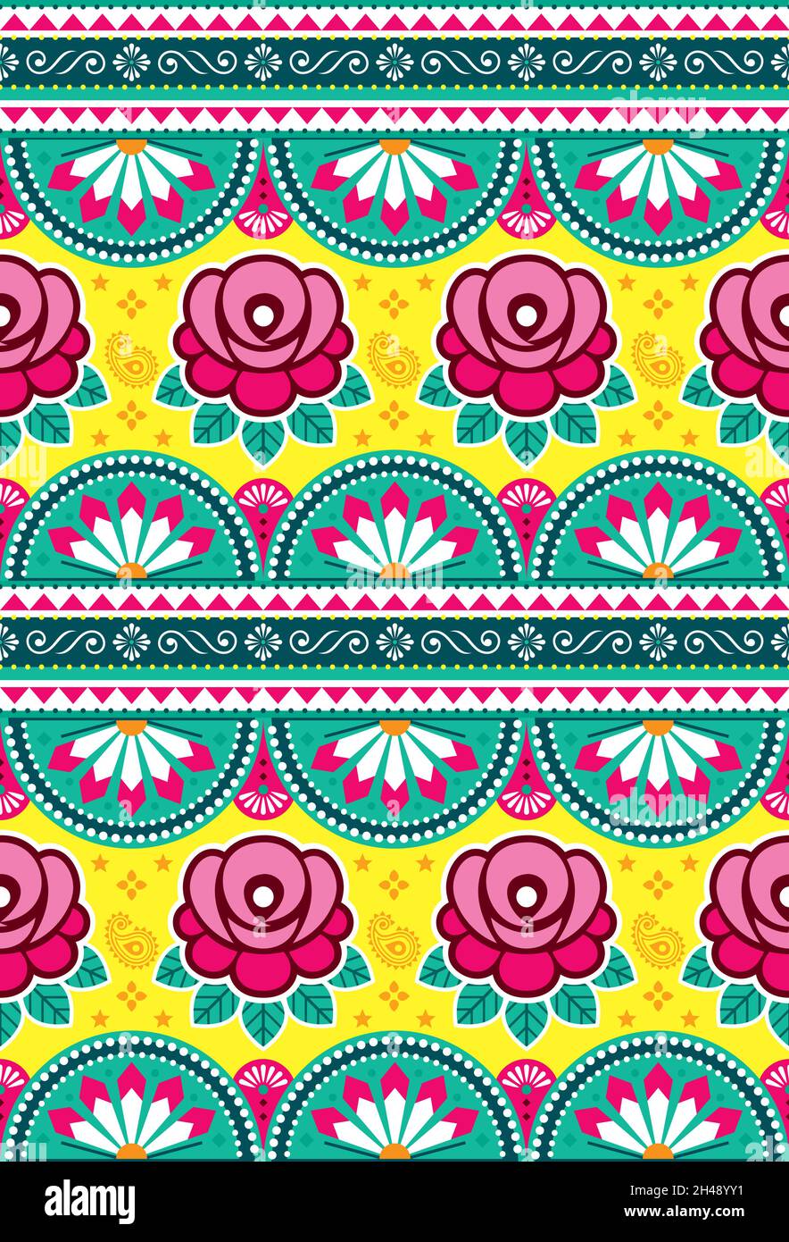 Indiano e pakistano camion art vettoriale senza cuciture tessuto o stampa disegno motivo con rose, Diwali floreale vibrante nero in rosa e verde Illustrazione Vettoriale