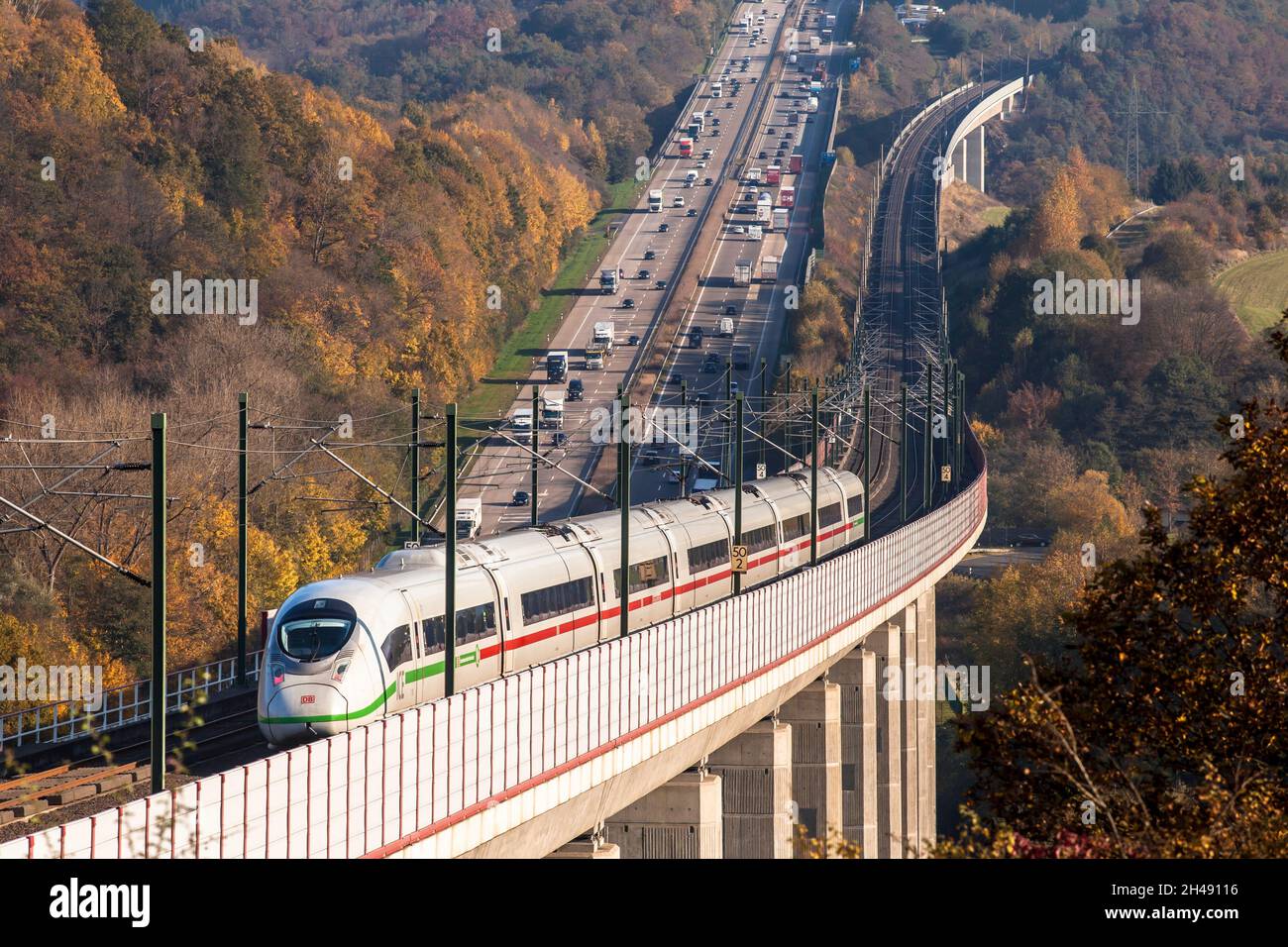 Treno ad alta velocità ICE 3 della Deutsche Bahn AG sulla linea ad alta velocità da Francoforte a Colonia, autostrada A3, ponte Hallerbachtal, Neustadt Wied, Reno Foto Stock