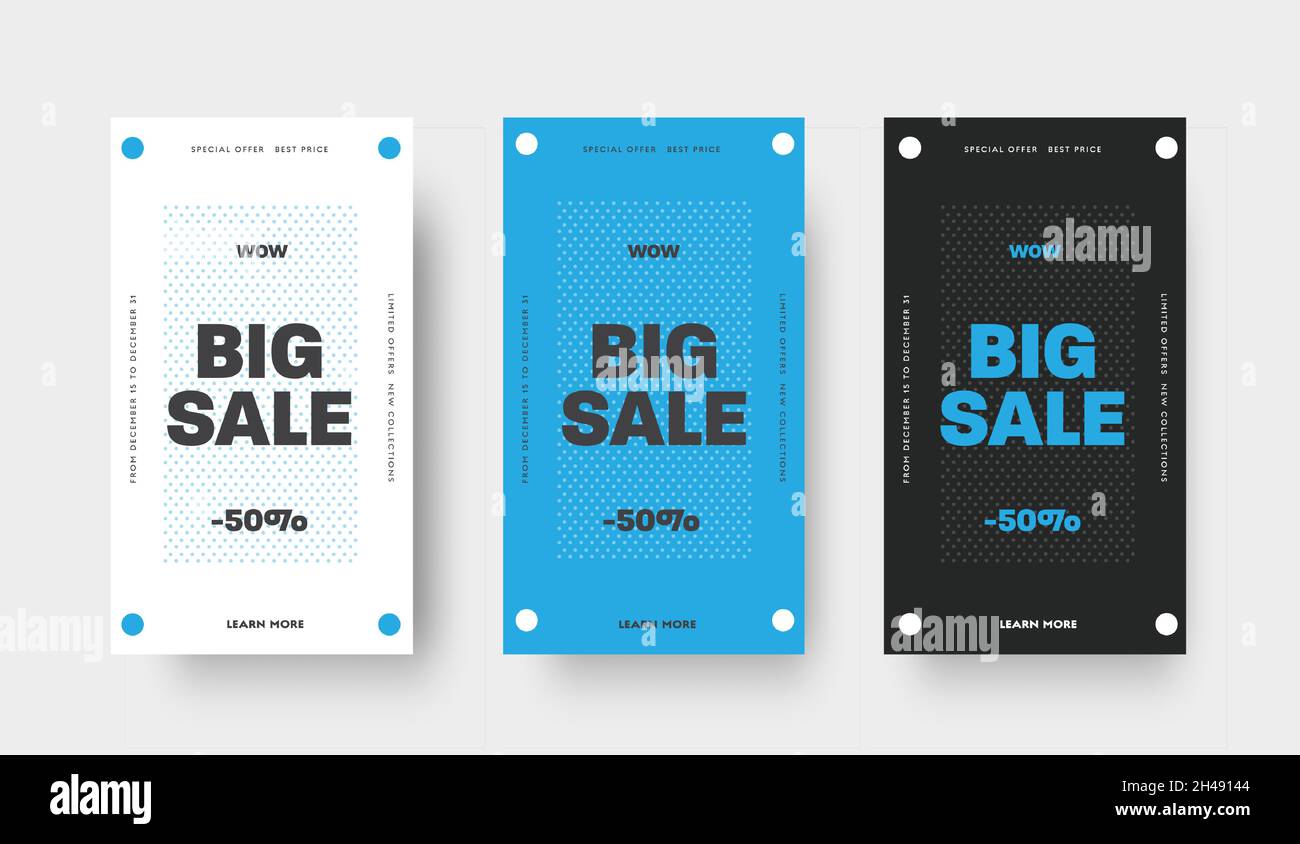 Set di banner vettoriali per grandi vendite, offerte speciali, modello bianco, blu e nero con cerchio e testo. Progettazione per la pubblicazione in applicazioni mobili. Illustrazione Vettoriale