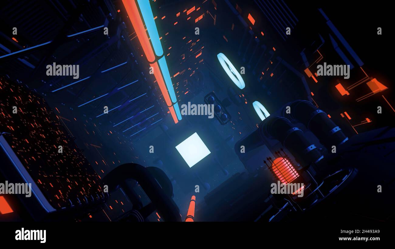 Interni alla navicella spaziale futuristica aliena con luci scintillanti e anello senza cuciture. Movimento. Corridoio scuro fantascientico con la luce alla fine del tunnel Foto Stock