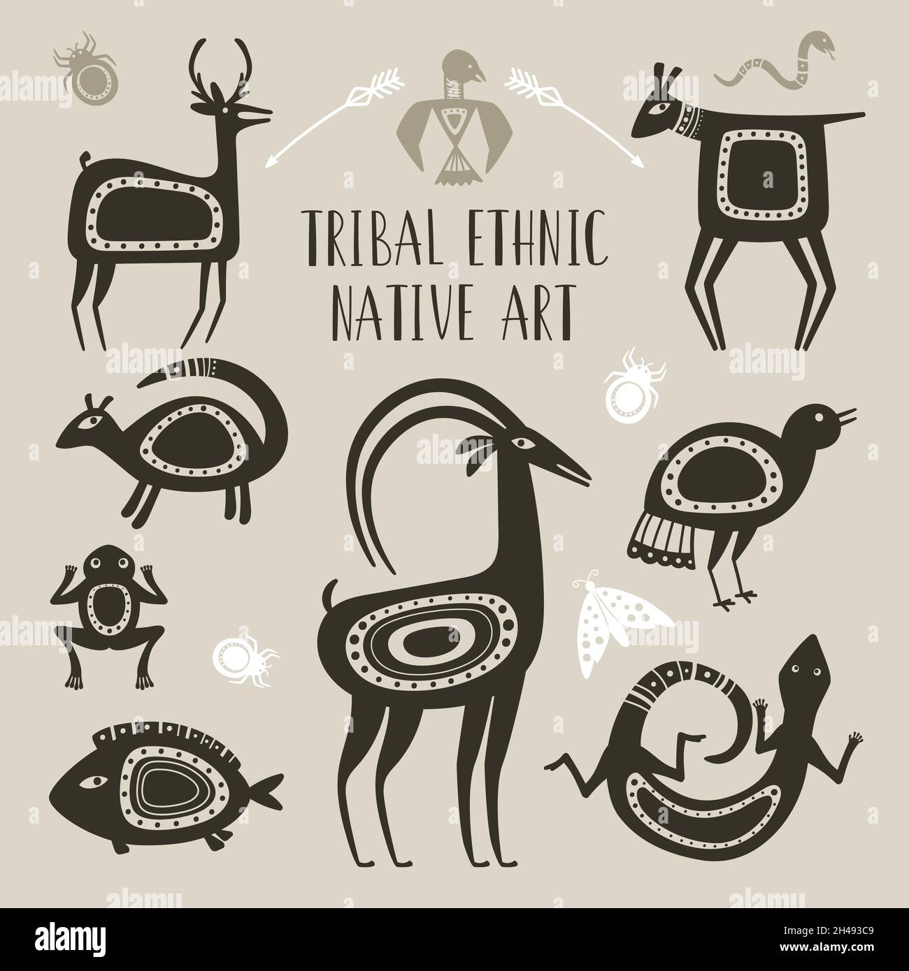 Animali totem nativi. Disegni animali etnici tribali, cervi lucertola pesce rana uccello capra trafilati totem simboli bestie, mitologia tatuaggio indigeno brute primitivo ornamento segni Illustrazione Vettoriale