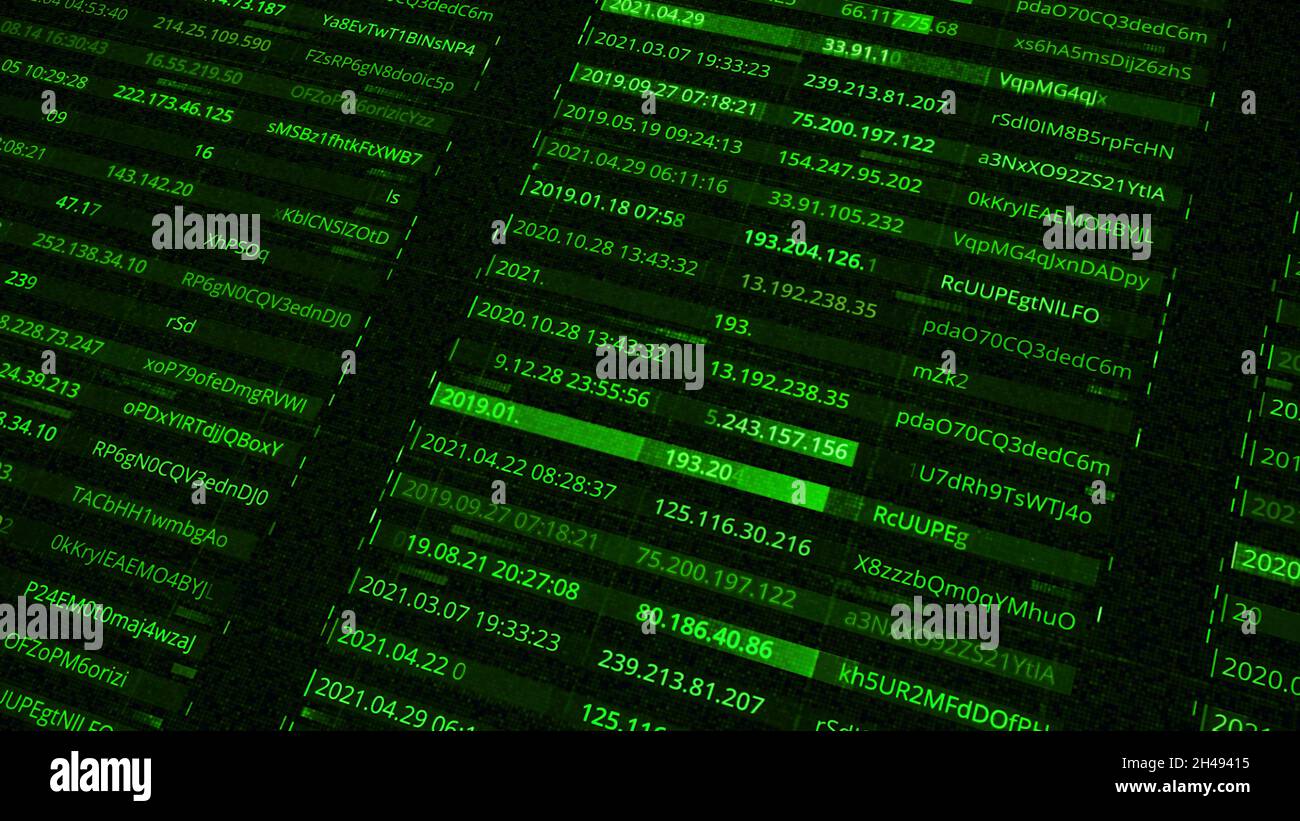 Indirizzi IP e password. Animazione. Generazione di tutte le password e gli indirizzi degli utenti di rete all'interno del database. Database con password e indirizzo Foto Stock