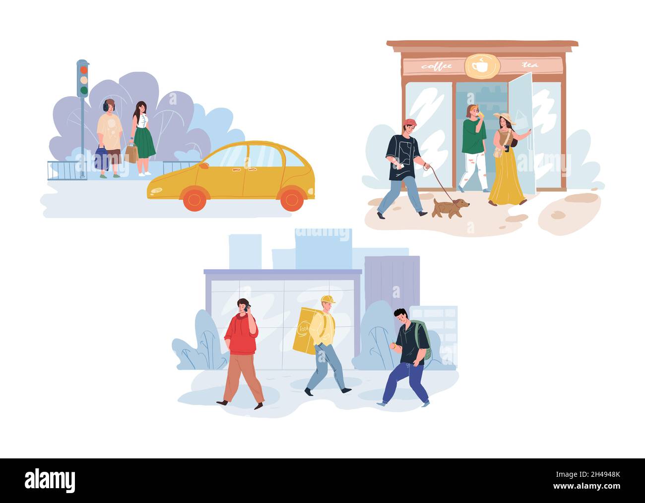 Personaggi cartoni animati in scene di vita cittadina, concetto di illustrazione vettoriale Illustrazione Vettoriale