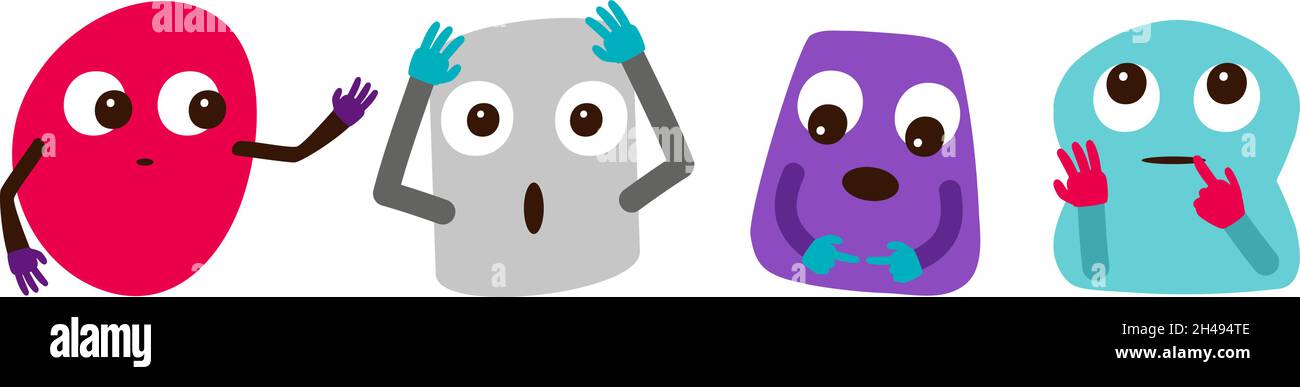 Personaggi astratti pazzi. Volti emozionali, simpatiche forme cartoonate con occhi vettoriali Illustrazione Vettoriale