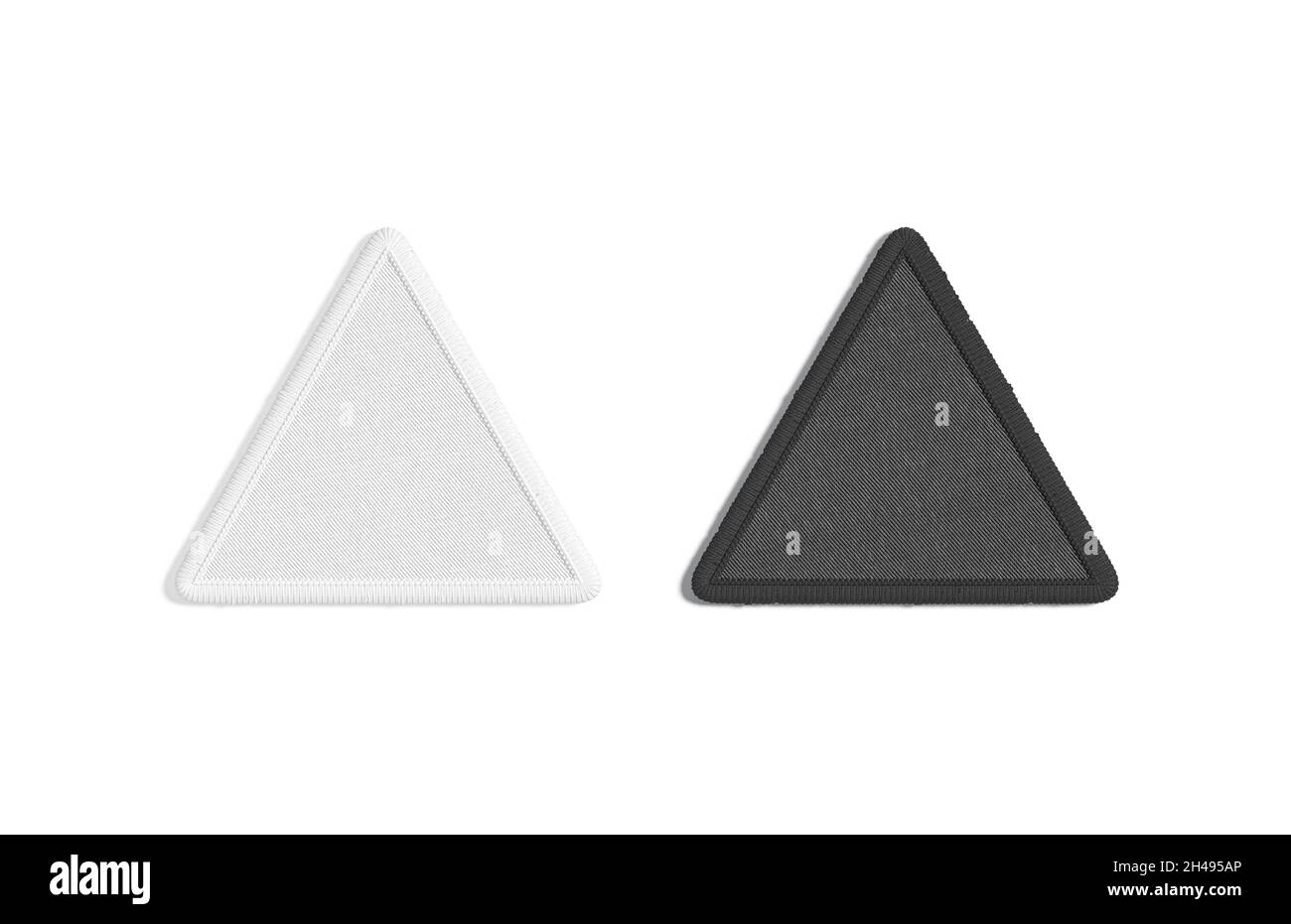 Mockup toppe ricamato con triangolo bianco e nero vuoto, vista dall'alto, rendering 3d. Etichetta tessile vuota delta iconico mock up, isolato. Deselezionare cucito su Foto Stock