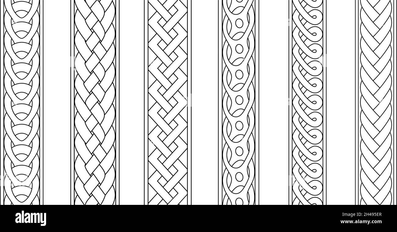 Bordi a treccia. Set di bordi in trecce astratte, ornamenti senza cuciture a maglia religiosa, grafica vettoriale in funi decorative a righe lineari a maglia, motivi intrecciati a trama isolati sul bianco Illustrazione Vettoriale
