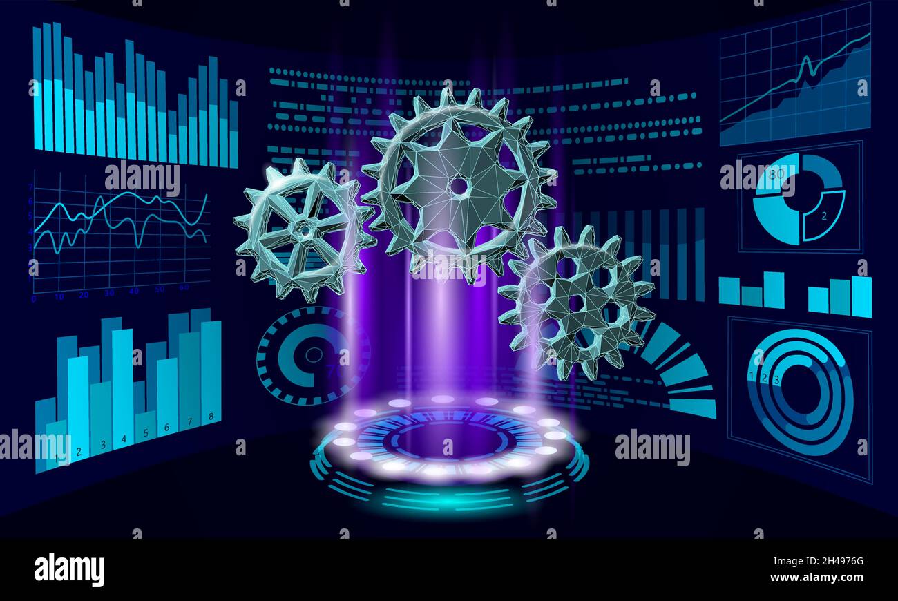3D Gears Work Progress Concept. Lavoro di squadra per l'ingegneria dei meccanismi dell'industria delle ruote. Analisi dei dati del motore aziendale COG. Vettore di coaching problema creativo Illustrazione Vettoriale