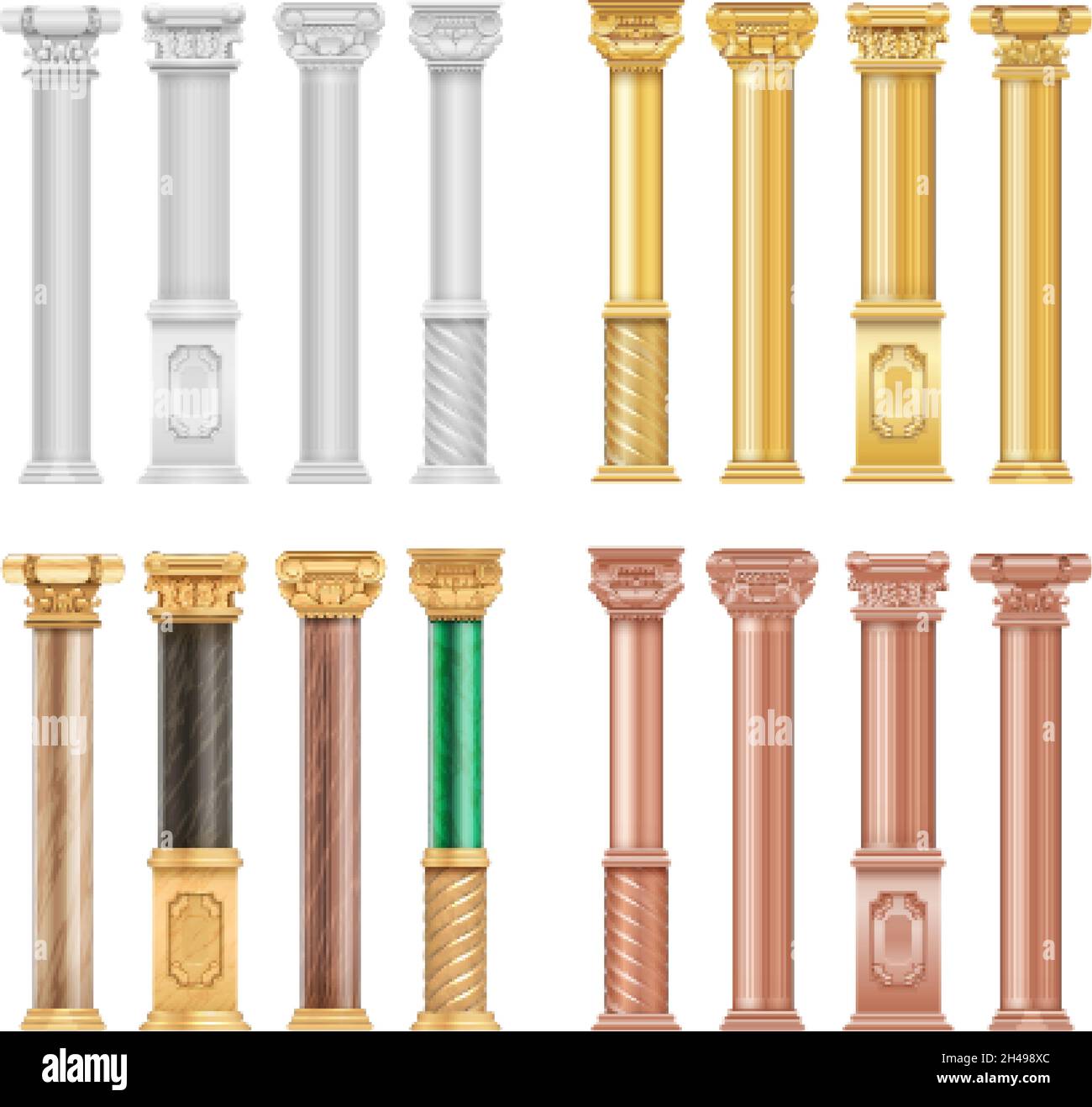Colonne in bronzo bianco oro. Pietra malachite realistica e antica colonna romana dorata. Elementi vettoriali di architettura isolati Illustrazione Vettoriale