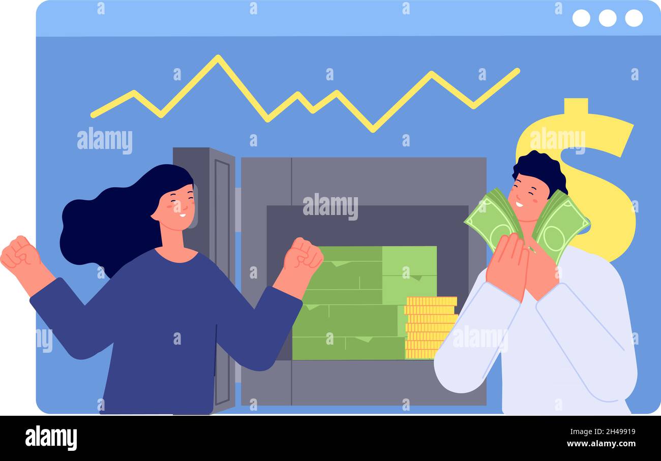 Investimenti di successo. Persone gioia soldi, buona analisi finanziaria. Analisi bancaria, uomo donna con cash vettoriale scena Illustrazione Vettoriale