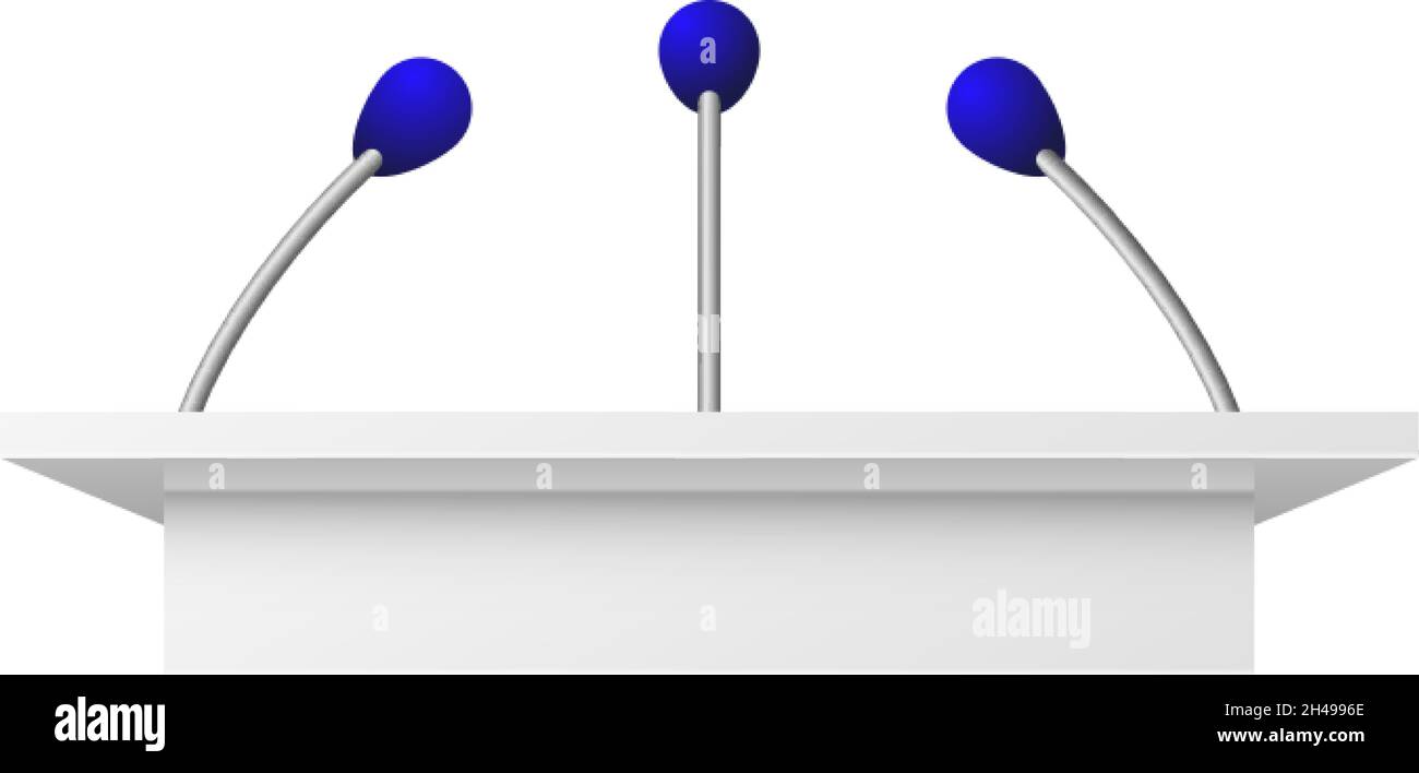 Tribuna del discorso pubblico. Microfono aperto, azione politica o conferenza stampa di lavoro stand bianco con tre microfoni. Dimostrazione, laureati Illustrazione Vettoriale