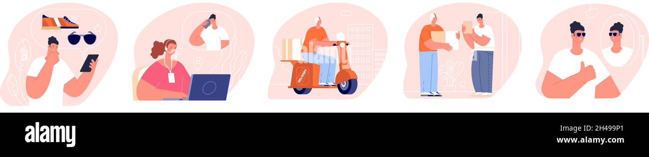 Concetto di ordine e consegna. Shopping online e pagamento senza contanti, spedizione in bicicletta a casa. Uomo che chiama al call center e attendere vettore di corriere Illustrazione Vettoriale