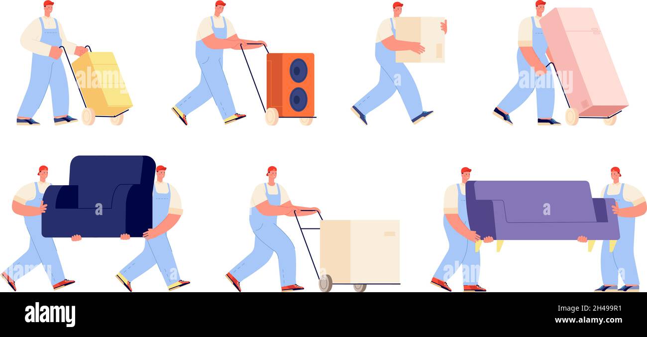 Caratteri del servizio di consegna. Addetto al magazzino, job di logistica degli oggetti. Aiuto per il trasferimento, lavoratori che trasportano divano e container. Persone che si muovono vettore utter Illustrazione Vettoriale
