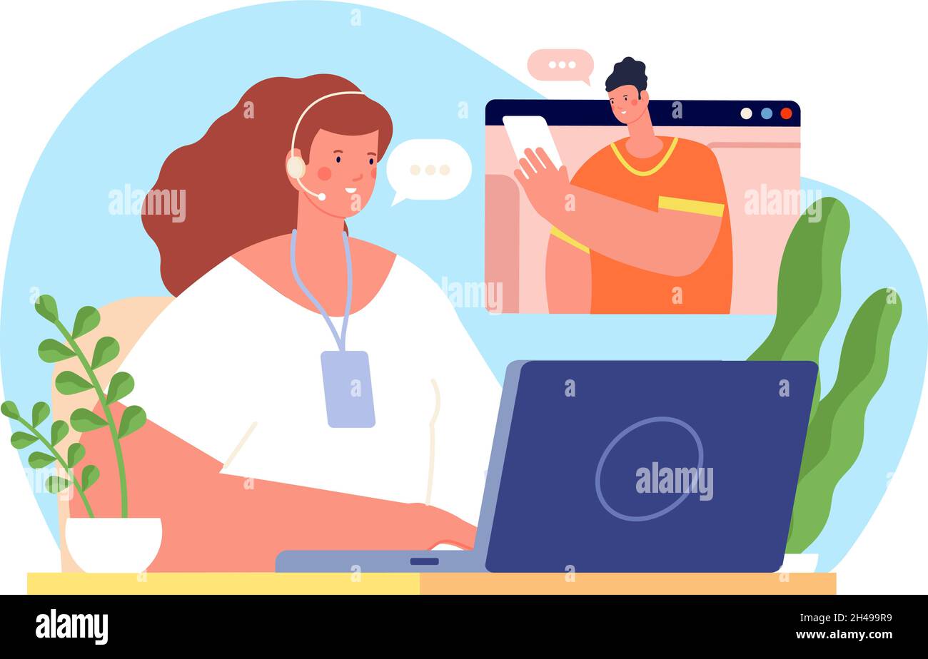 Assistente in linea. Servizio personale, tutto il giorno per aiutare il cliente. Supporto client, chiamata di aiuto virtuale. Business man contatto con consulente utter vettore Illustrazione Vettoriale