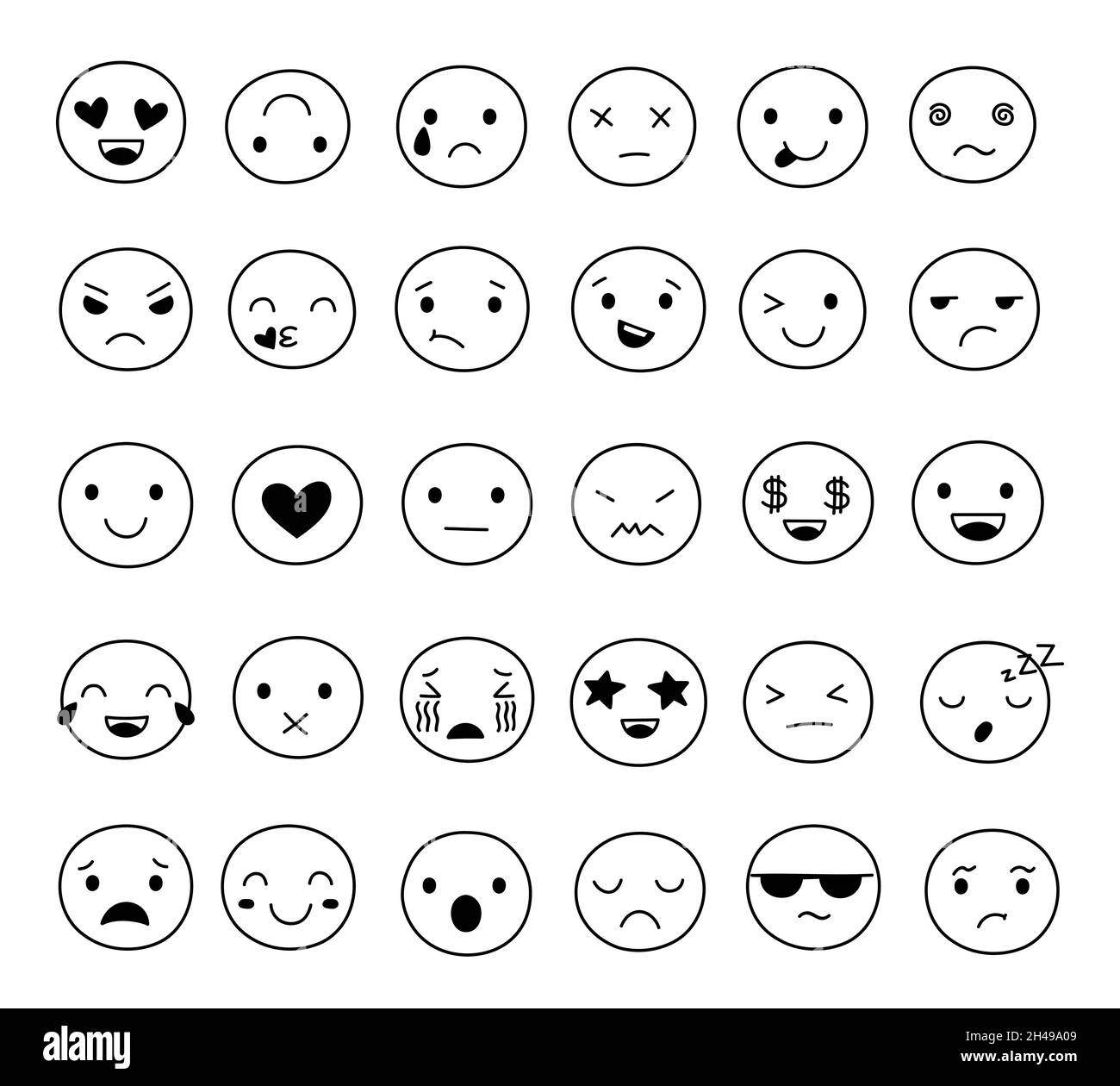 Emoticon sorridenti Doodle. Emoticon immagine, volti emotivi spoloranti. Divertenti pittogrammi, isolato profilo ridere triste emoji esatto vettore set Illustrazione Vettoriale